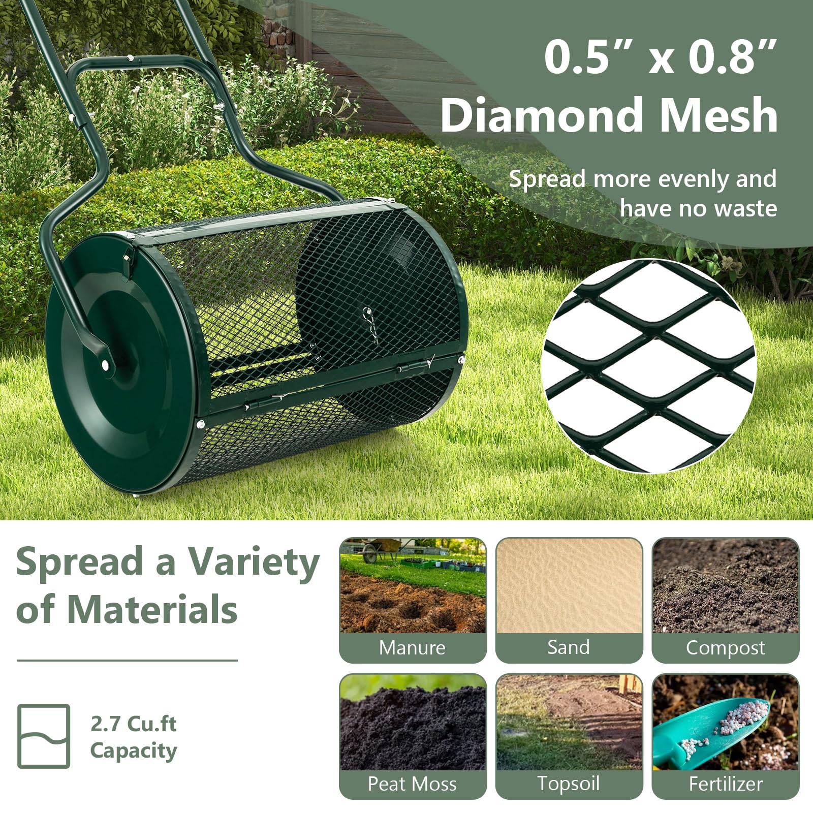 Goplus 24 inch Compost Spreader for Lawn, Lightweight Metal Mesh Lawn Roller Double Side Latches for Topdressing & Seedling - Image 5