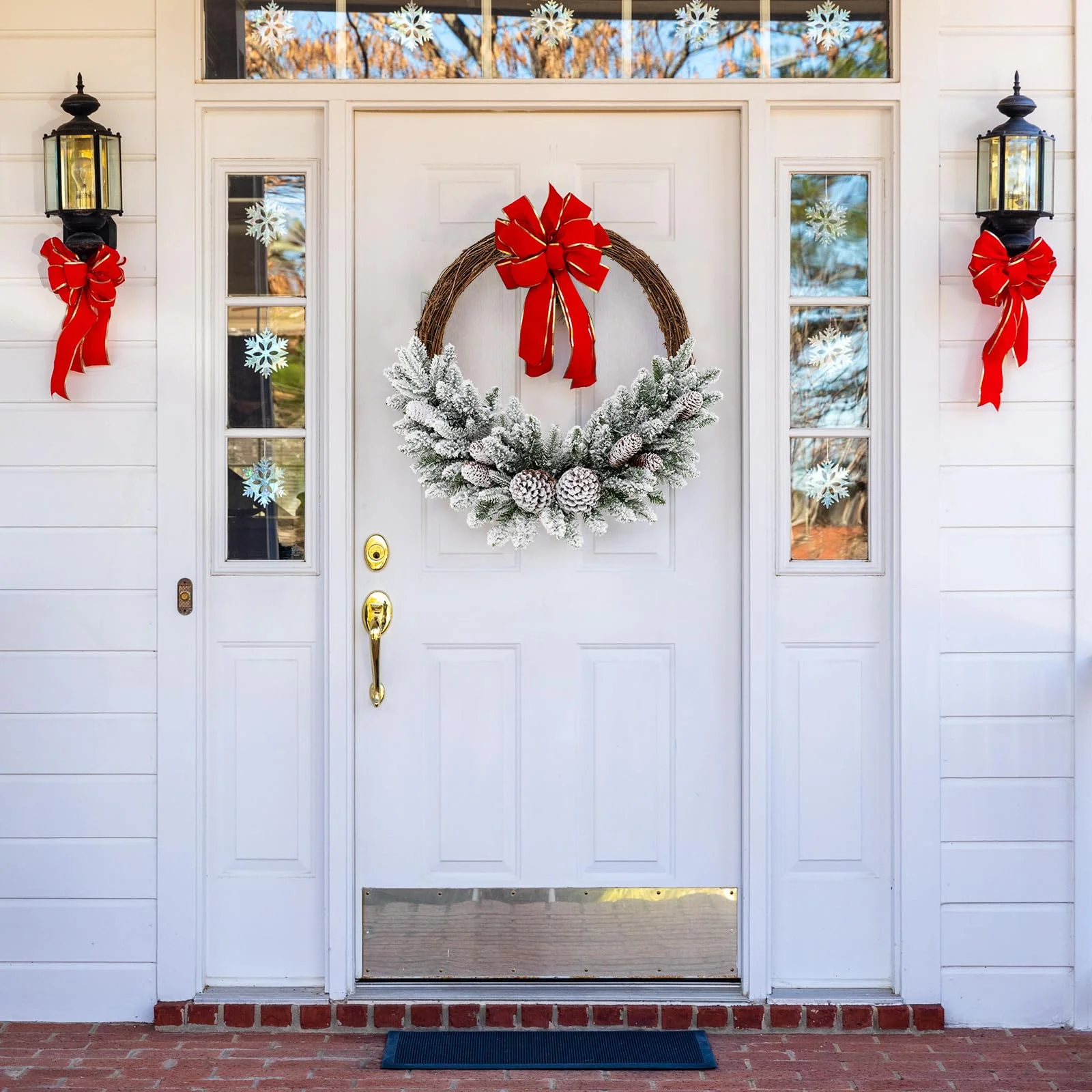 Goplus 24” Pre-Lit Artificial Christmas Wreath, Snow Flocked Xmas Wreath with 35 Battery Operated Warm White LED Lights - Image 2