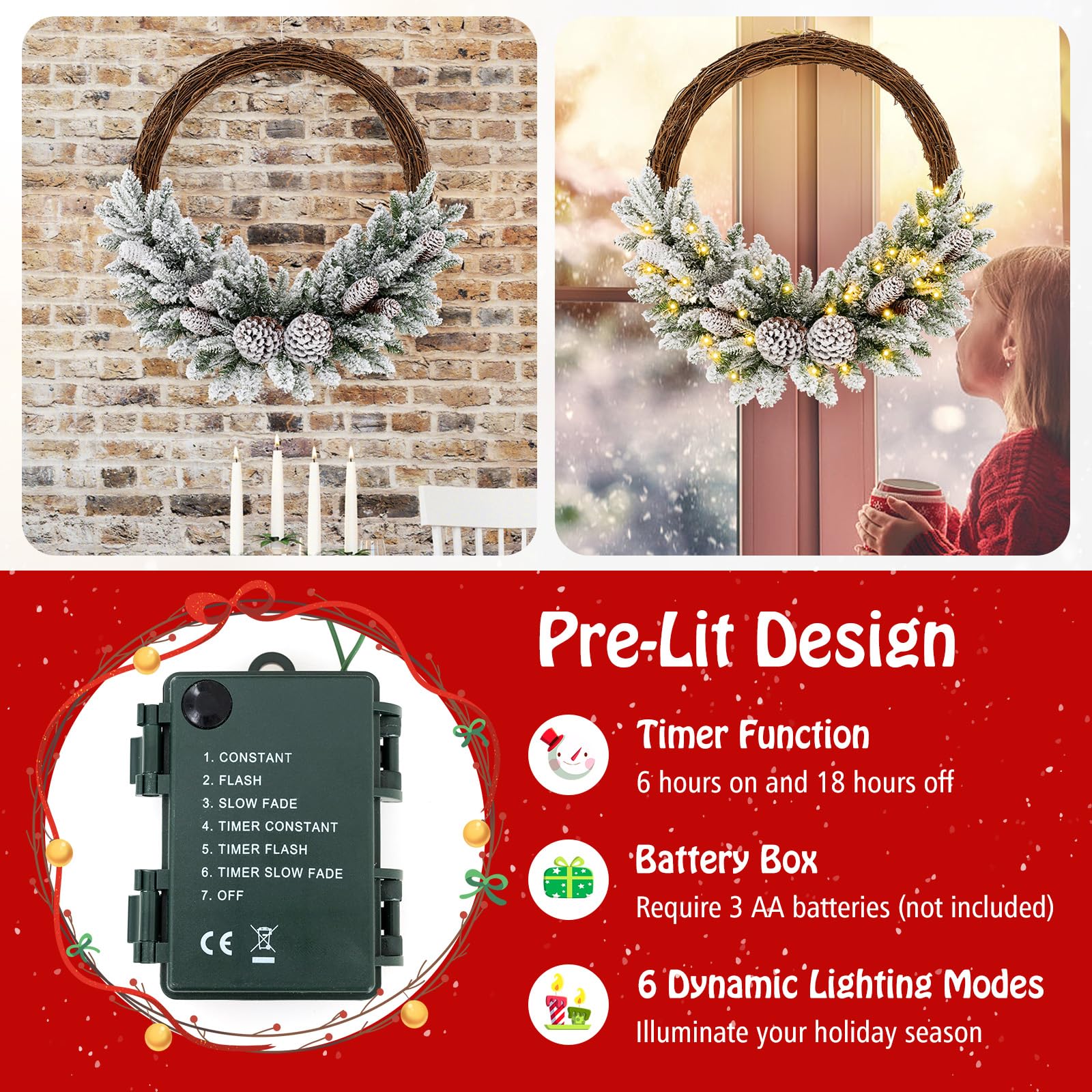 Goplus 24” Pre-Lit Artificial Christmas Wreath, Snow Flocked Xmas Wreath with 35 Battery Operated Warm White LED Lights - Image 4