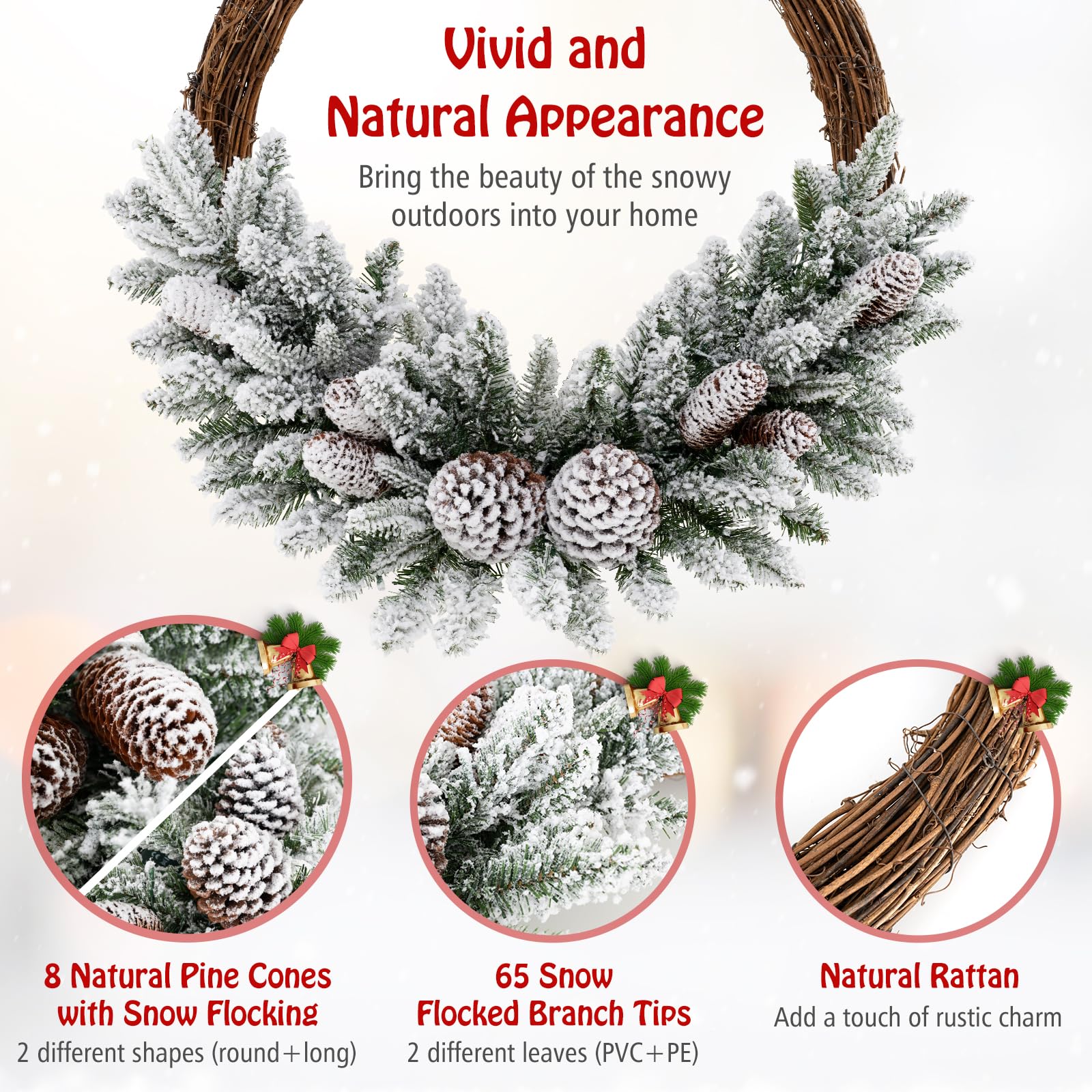 Goplus 24” Pre-Lit Artificial Christmas Wreath, Snow Flocked Xmas Wreath with 35 Battery Operated Warm White LED Lights - Image 5