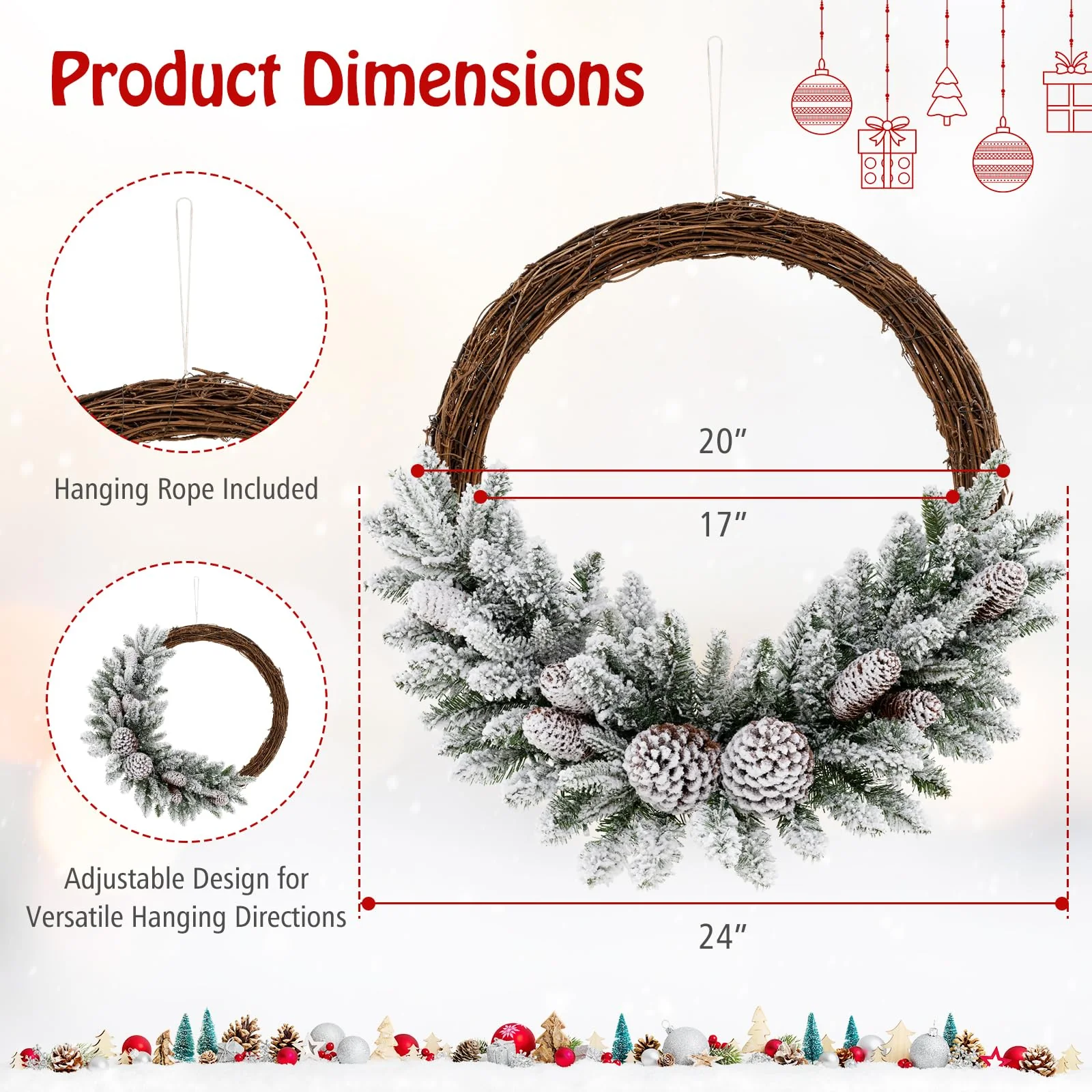 Goplus 24” Pre-Lit Artificial Christmas Wreath, Snow Flocked Xmas Wreath with 35 Battery Operated Warm White LED Lights - Image 7