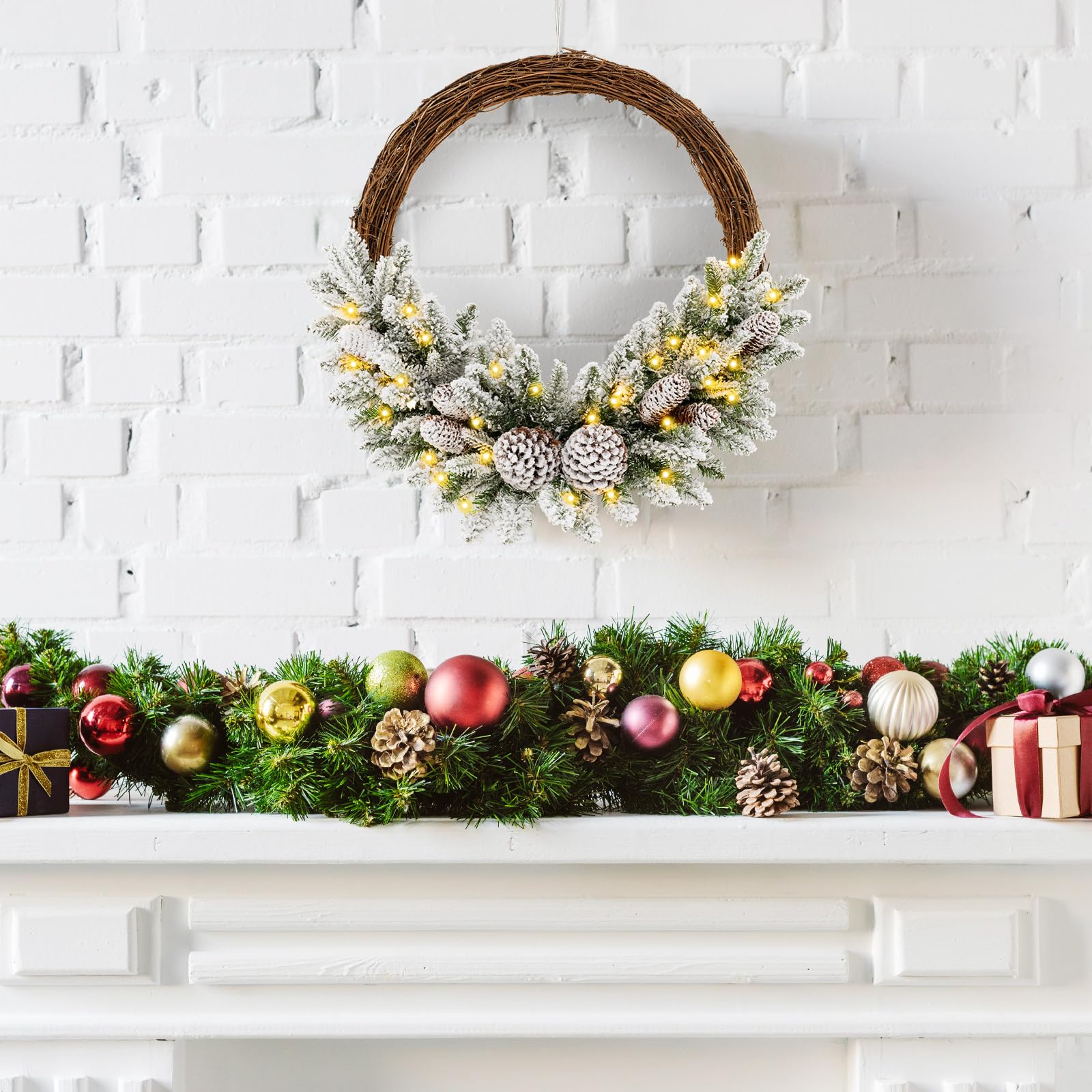Goplus 24” Pre-Lit Artificial Christmas Wreath, Snow Flocked Xmas Wreath with 35 Battery Operated Warm White LED Lights - Image 8