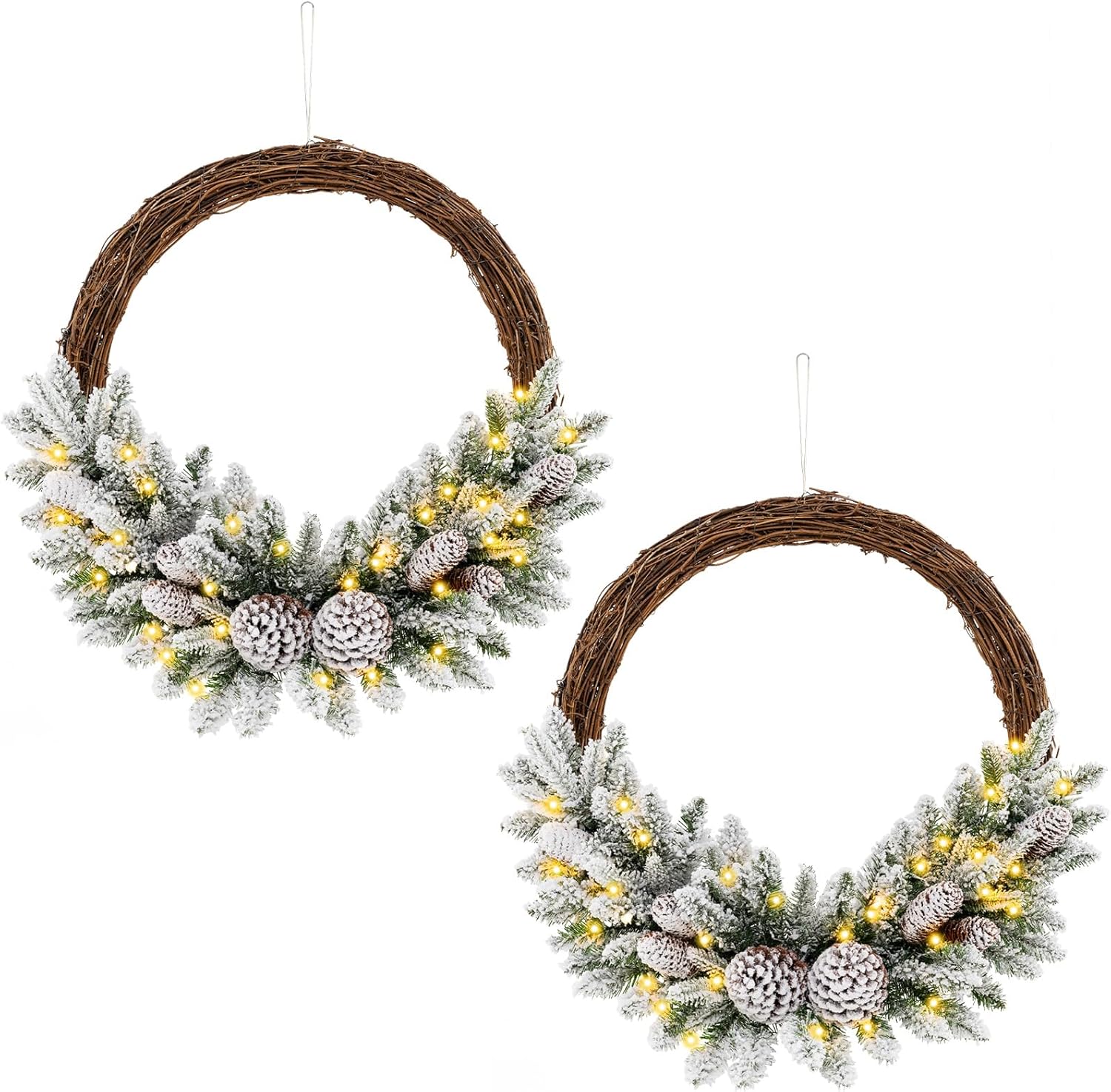 Goplus 24” Pre-Lit Artificial Christmas Wreath, Snow Flocked Xmas Wreath with 35 Battery Operated Warm White LED Lights - Image 9