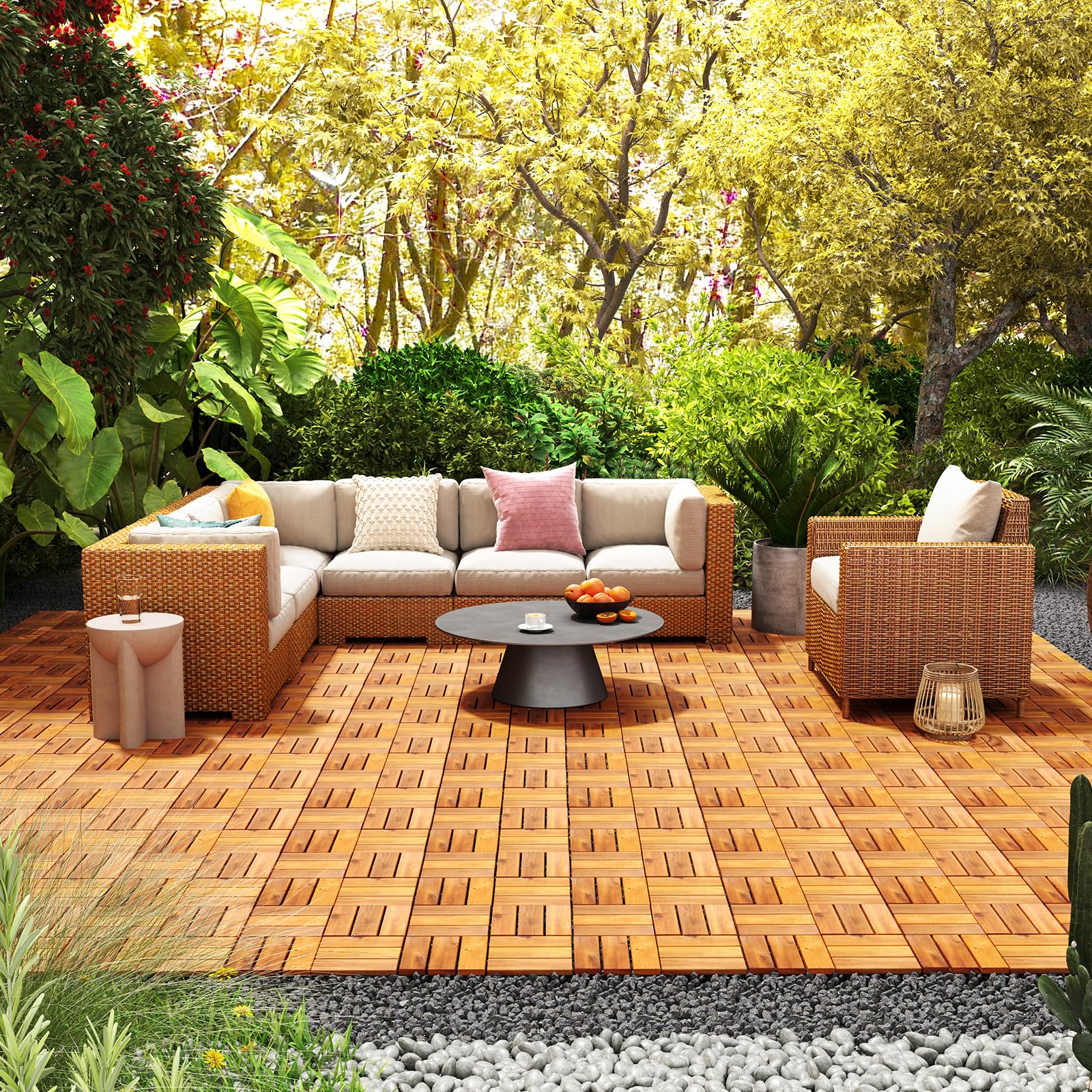 Goplus 27 PCS Interlocking Patio Deck Tile 12” x 12” Acacia Wood Patio Tiles - Image 2