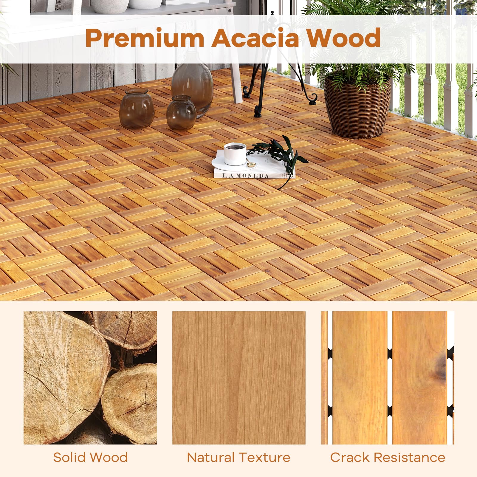 Goplus 27 PCS Interlocking Patio Deck Tile 12” x 12” Acacia Wood Patio Tiles - Image 3