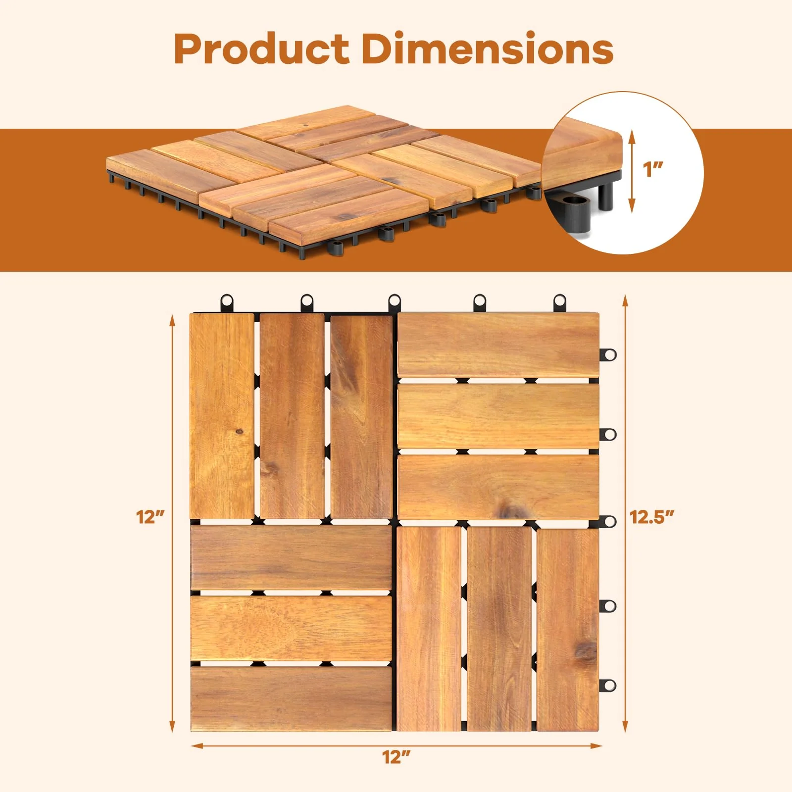 Goplus 27 PCS Interlocking Patio Deck Tile 12” x 12” Acacia Wood Patio Tiles - Image 7