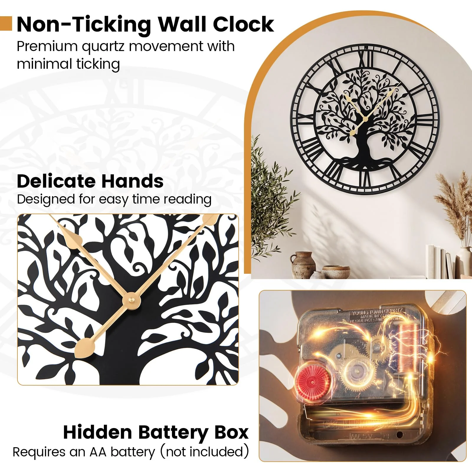 Goplus 27" Tree of Life Big Metal Wall Clock | Battery-Operated Wall Decoration - Image 4