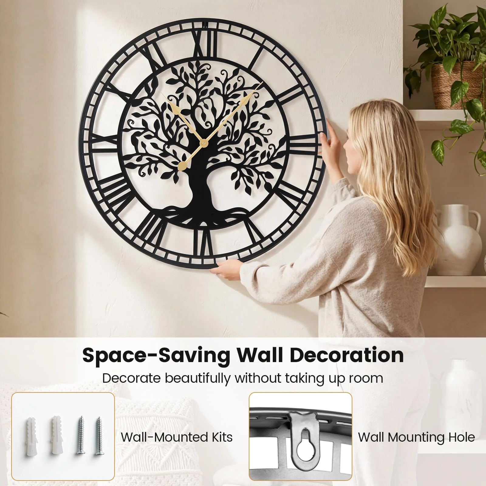Goplus 27" Tree of Life Big Metal Wall Clock | Battery-Operated Wall Decoration - Image 5