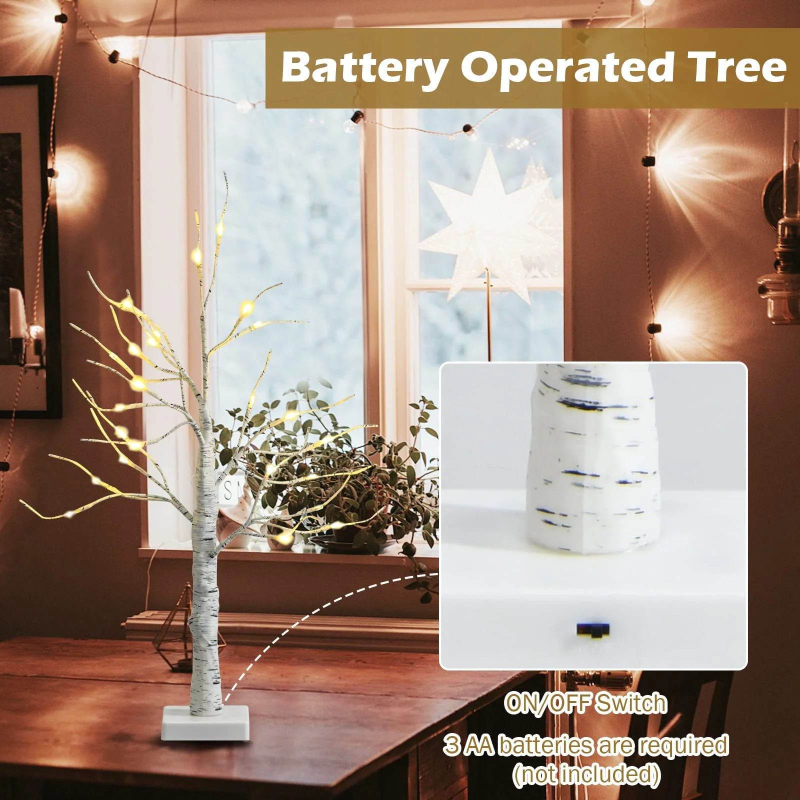 Goplus 2FT Lighted Birch Tree, Artificial Small Tree White Christmas Tree - Image 4