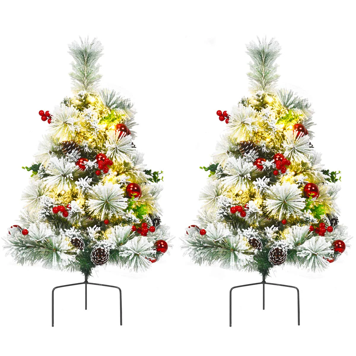 Goplus 2FT Pathway Christmas Trees Set of 2, Pre-Lit Snow Flocked Xmas Trees with 30 Warm White LED Lights