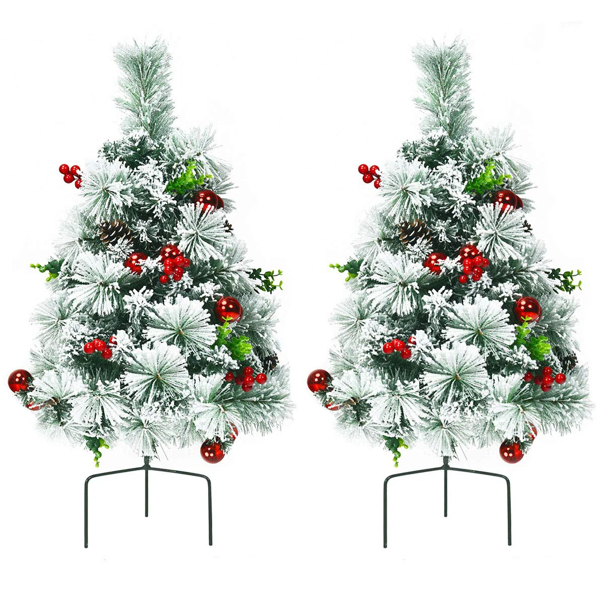 Goplus 2FT Pathway Christmas Trees Set of 2, Pre-Lit Snow Flocked Xmas Trees with 30 Warm White LED Lights - Image 3
