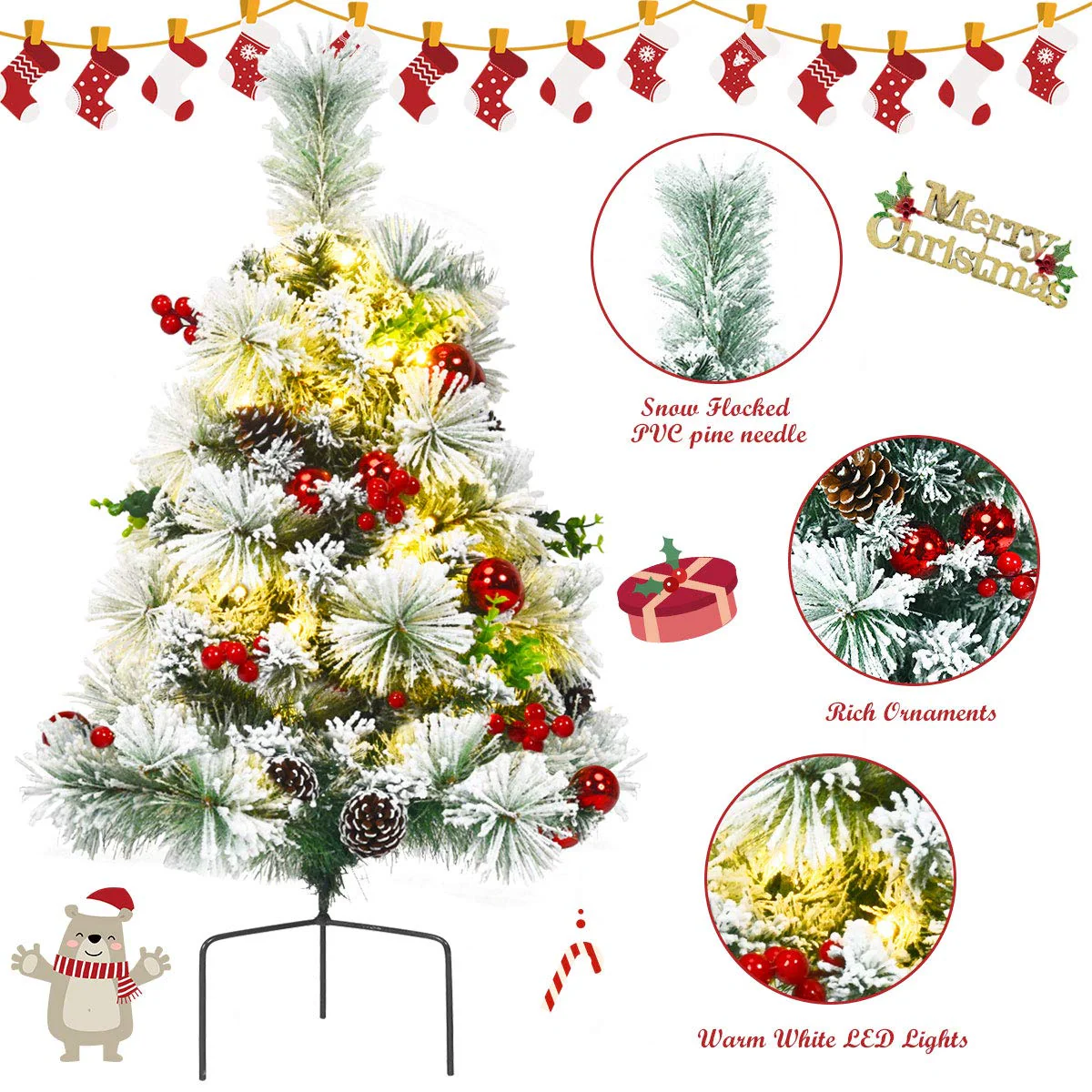 Goplus 2FT Pathway Christmas Trees Set of 2, Pre-Lit Snow Flocked Xmas Trees with 30 Warm White LED Lights - Image 4