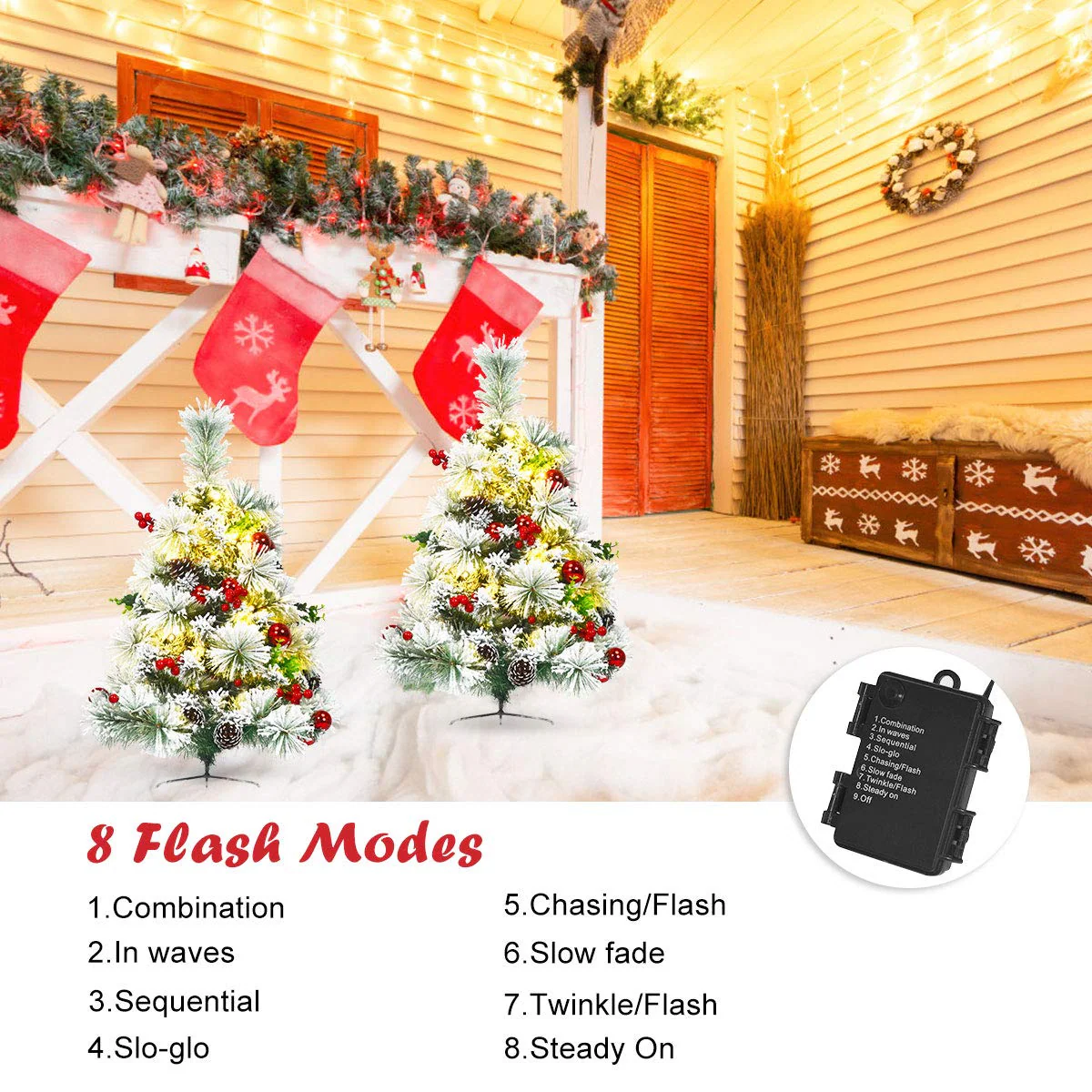 Goplus 2FT Pathway Christmas Trees Set of 2, Pre-Lit Snow Flocked Xmas Trees with 30 Warm White LED Lights - Image 5