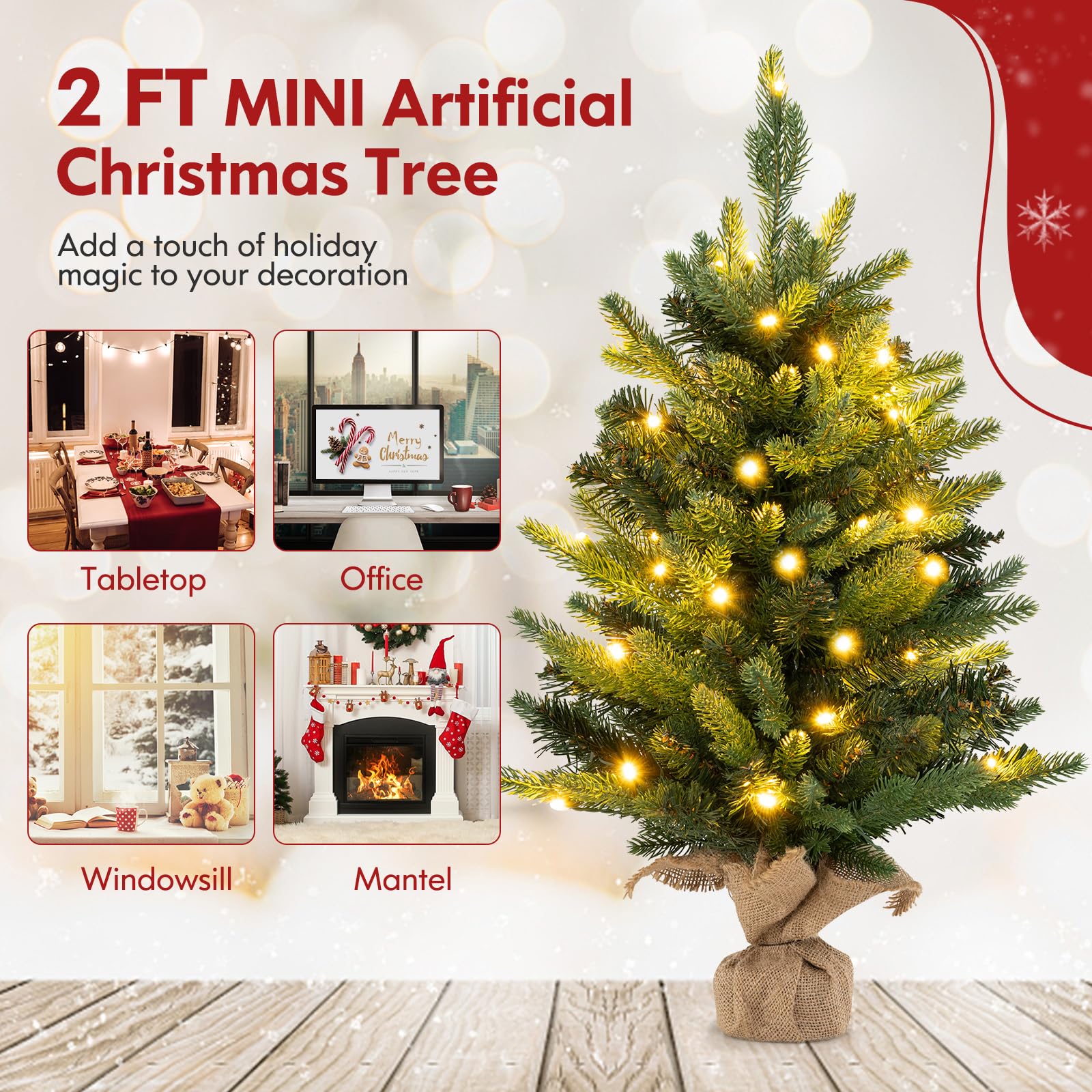 Goplus 2ft Pre-Lit Tabletop Christmas Tree, Small Artificial Spruce Tree w/ 35 LED Lights - Image 8