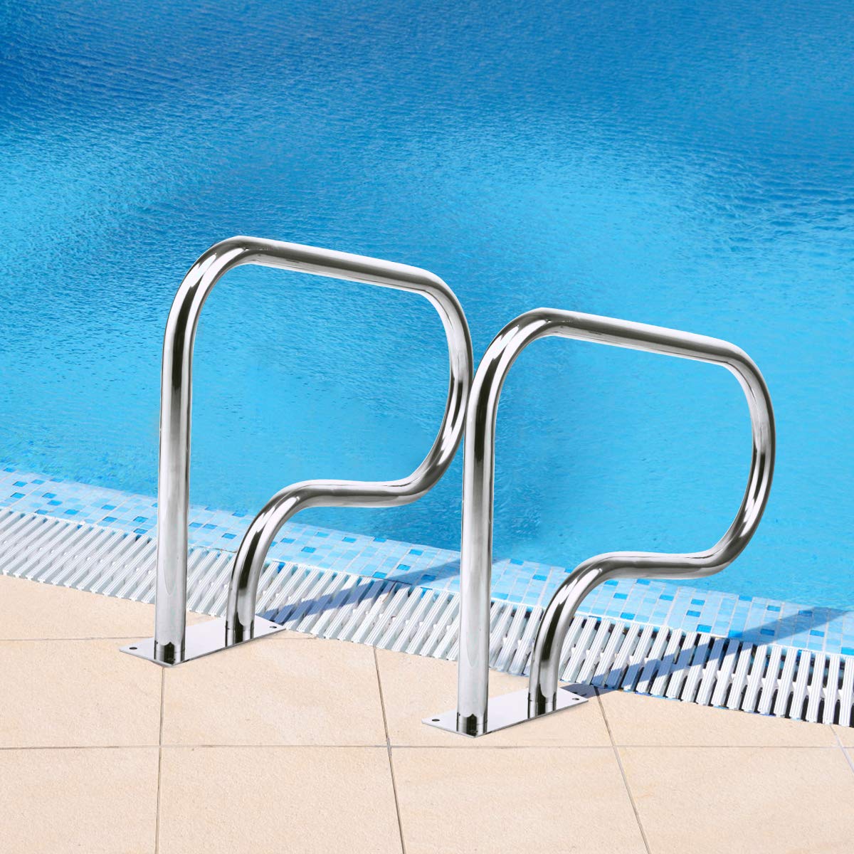 Goplus 2PCS Pool Hand Rail, Hand Grab Rail w/Quick Mount Base Plate, Stainless Steel Swimming Pool Stair Rail - Image 3