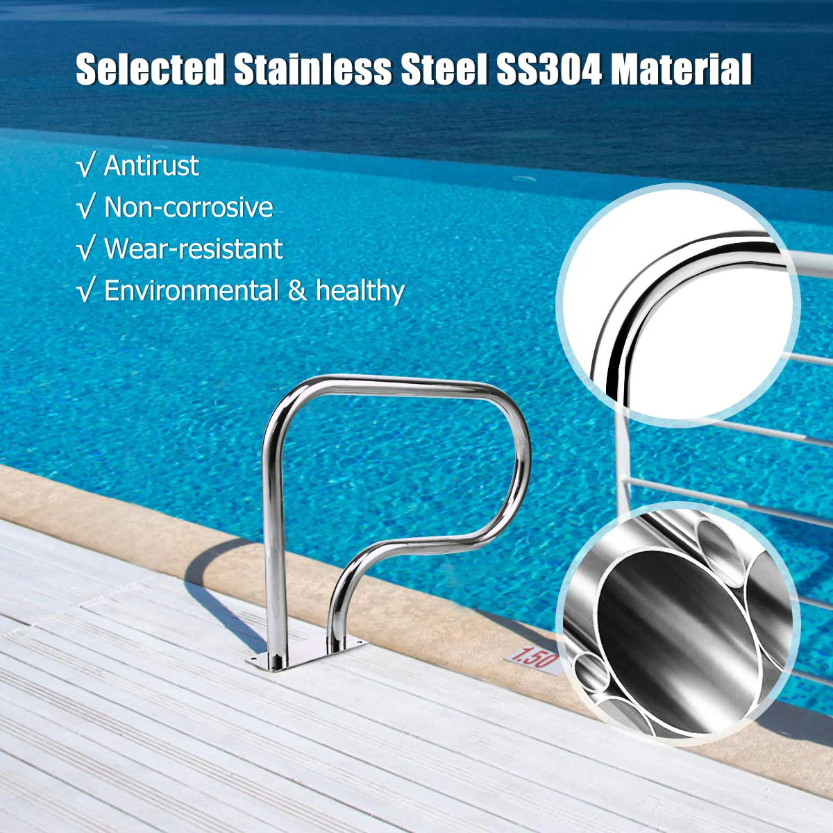 Goplus 2PCS Pool Hand Rail, Hand Grab Rail w/Quick Mount Base Plate, Stainless Steel Swimming Pool Stair Rail - Image 4
