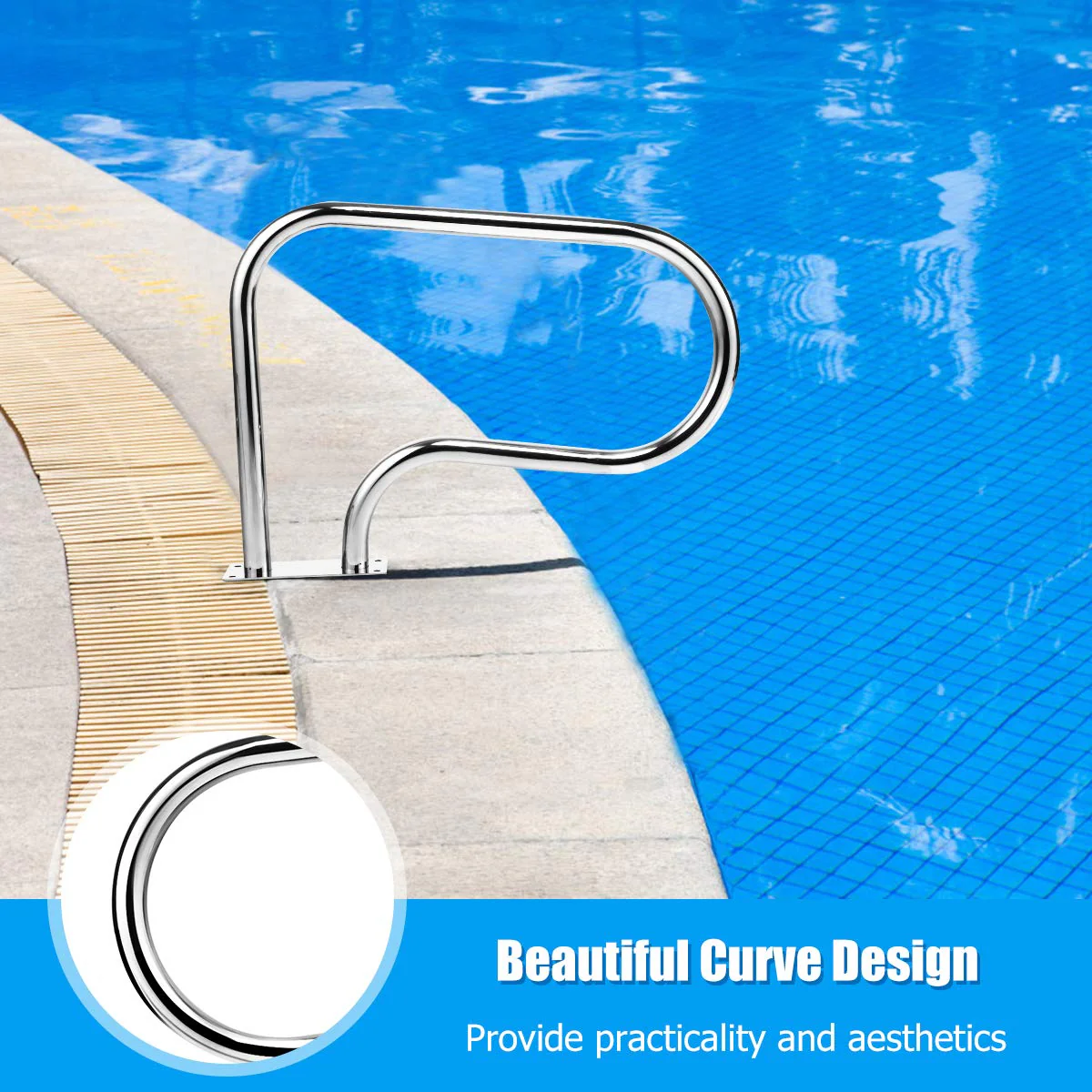 Goplus 2PCS Pool Hand Rail, Hand Grab Rail w/Quick Mount Base Plate, Stainless Steel Swimming Pool Stair Rail - Image 5