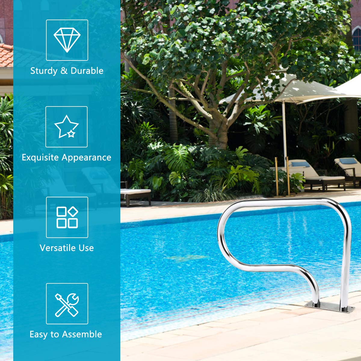 Goplus 2PCS Pool Hand Rail, Hand Grab Rail w/Quick Mount Base Plate, Stainless Steel Swimming Pool Stair Rail - Image 6