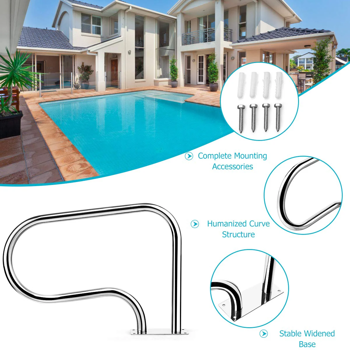 Goplus 2PCS Pool Hand Rail, Hand Grab Rail w/Quick Mount Base Plate, Stainless Steel Swimming Pool Stair Rail - Image 7