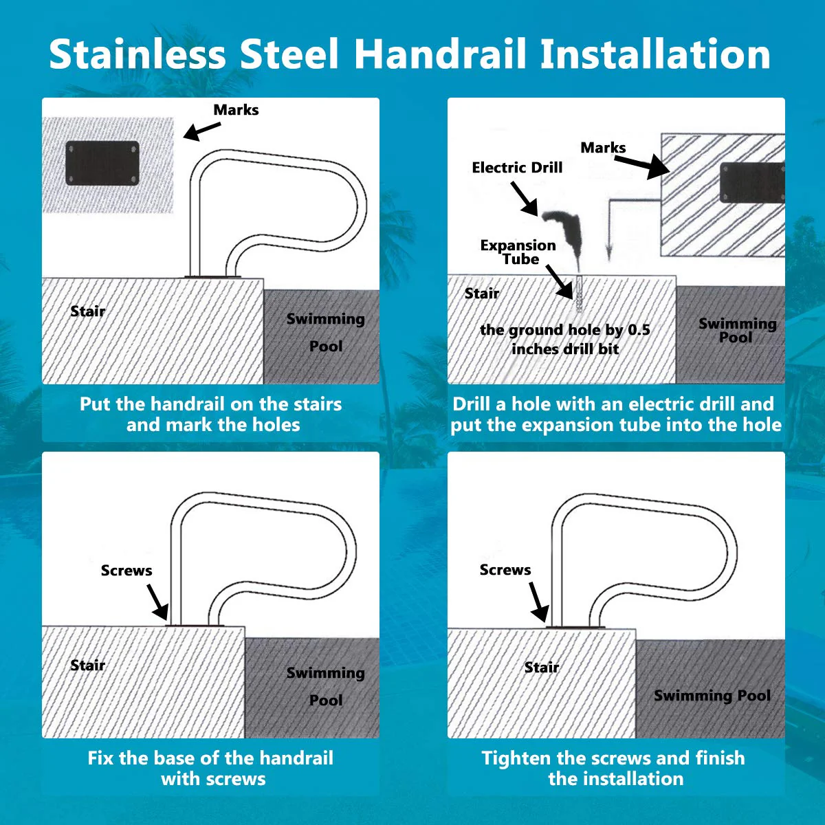 Goplus 2PCS Pool Hand Rail, Hand Grab Rail w/Quick Mount Base Plate, Stainless Steel Swimming Pool Stair Rail - Image 9