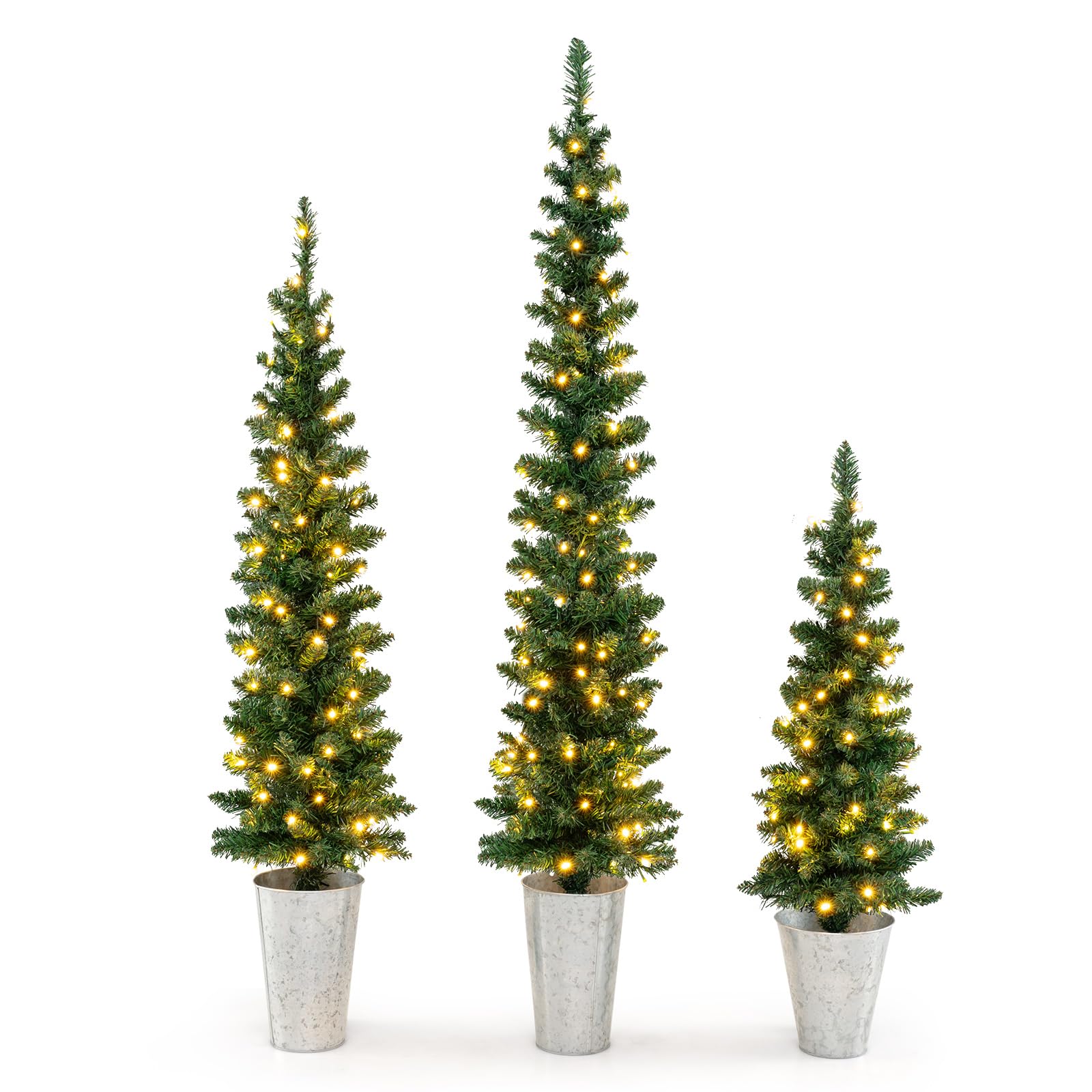 Goplus 3' 4' 5' Pre-Lit Artificial Christmas Tree Set of 3, Slim Pencil Potted Xmas Tree with 423 Branch Tips, 230 Warm White LED Lights