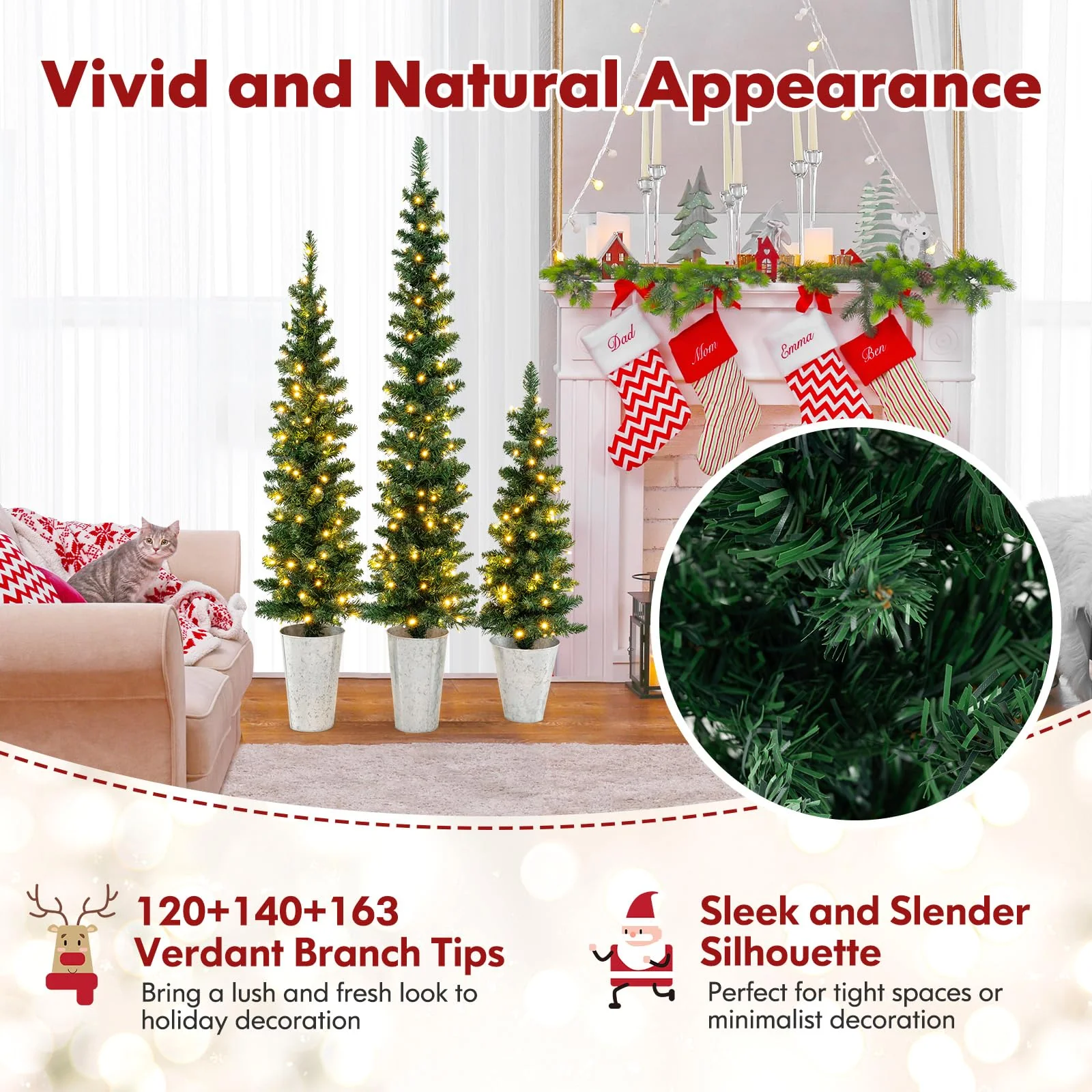 Goplus 3' 4' 5' Pre-Lit Artificial Christmas Tree Set of 3, Slim Pencil Potted Xmas Tree with 423 Branch Tips, 230 Warm White LED Lights - Image 5