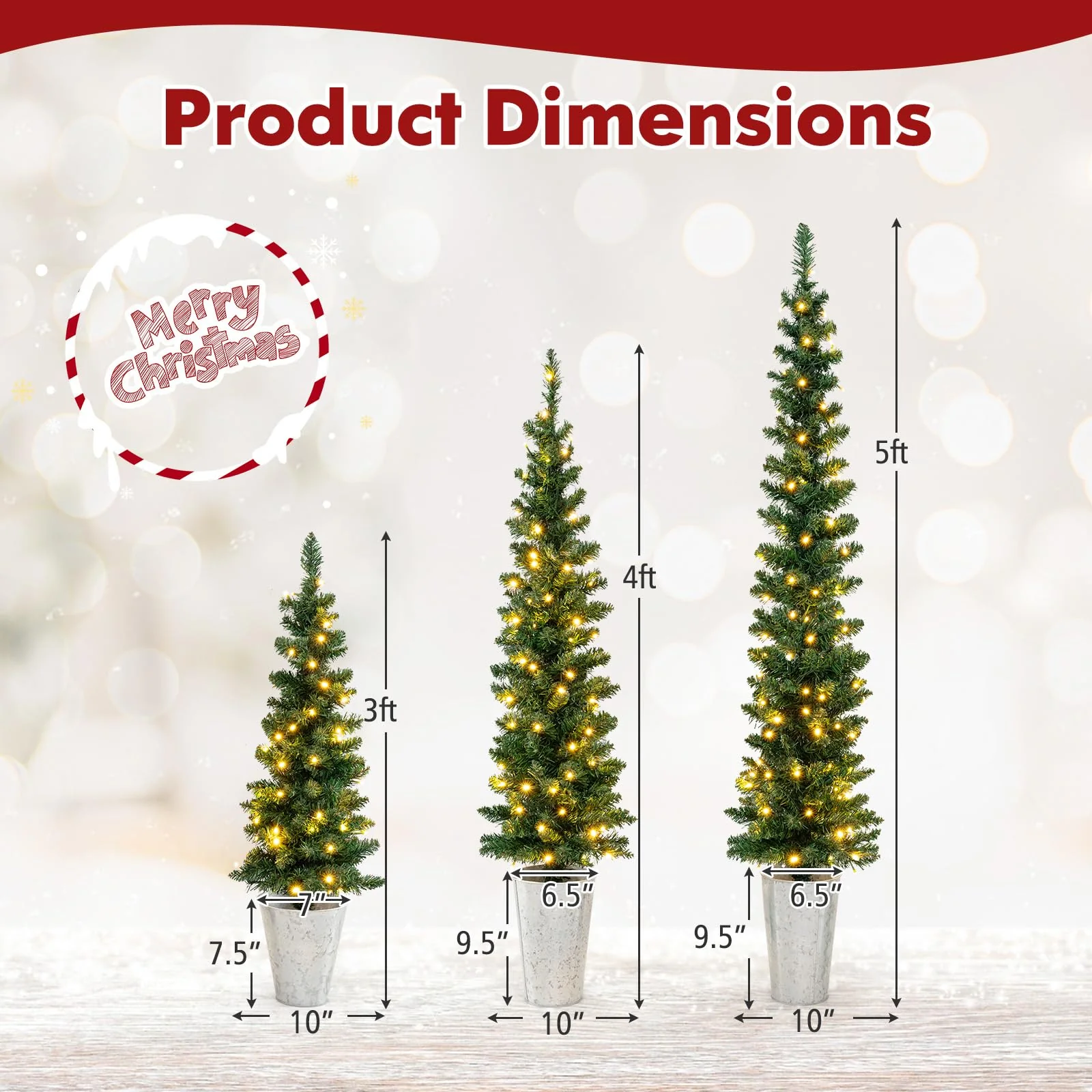 Goplus 3' 4' 5' Pre-Lit Artificial Christmas Tree Set of 3, Slim Pencil Potted Xmas Tree with 423 Branch Tips, 230 Warm White LED Lights - Image 8