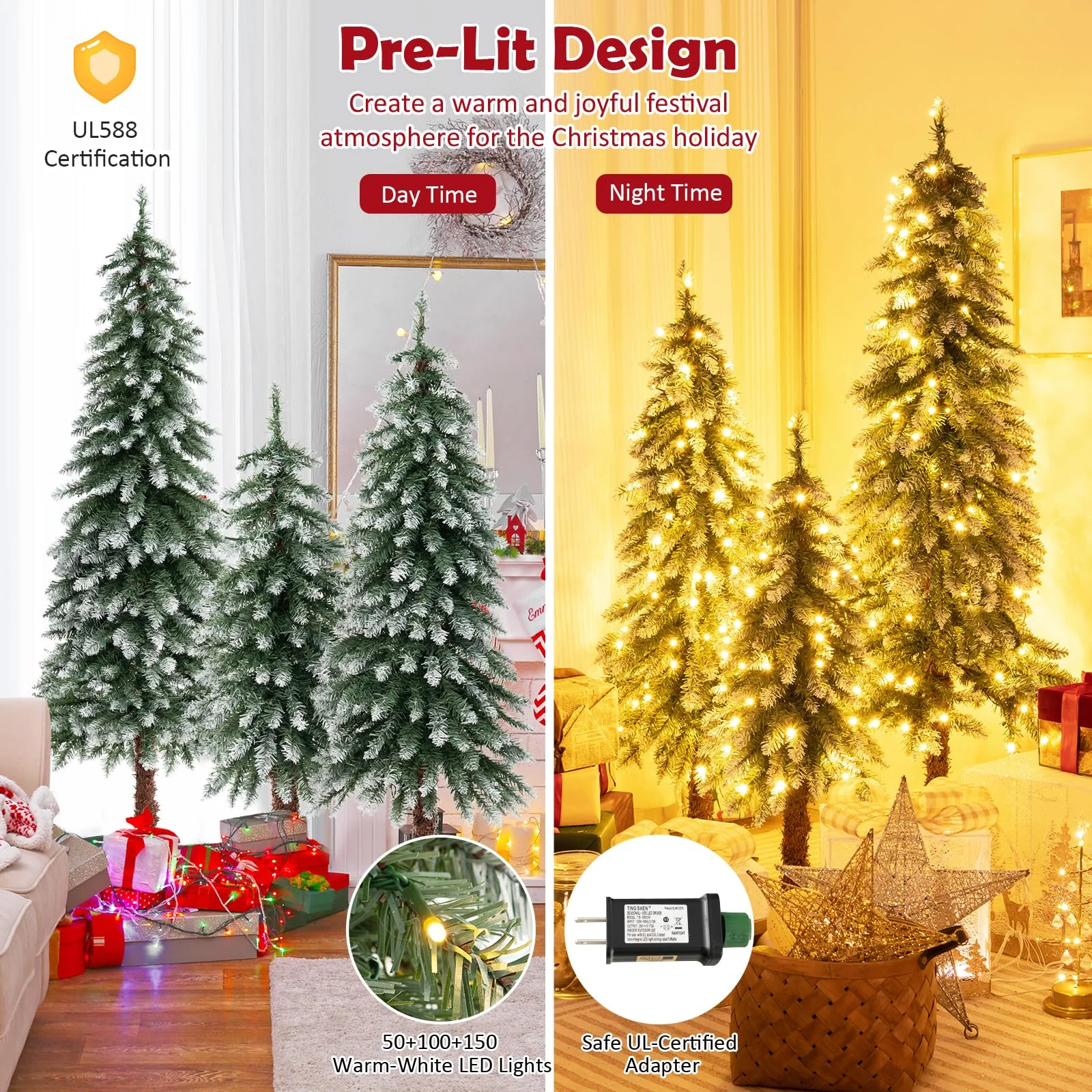 Goplus 3' 4' 5' Pre-Lit Artificial Christmas Tree Set, Slim Pencil Xmas Trees with Snowy Leaves - Image 3