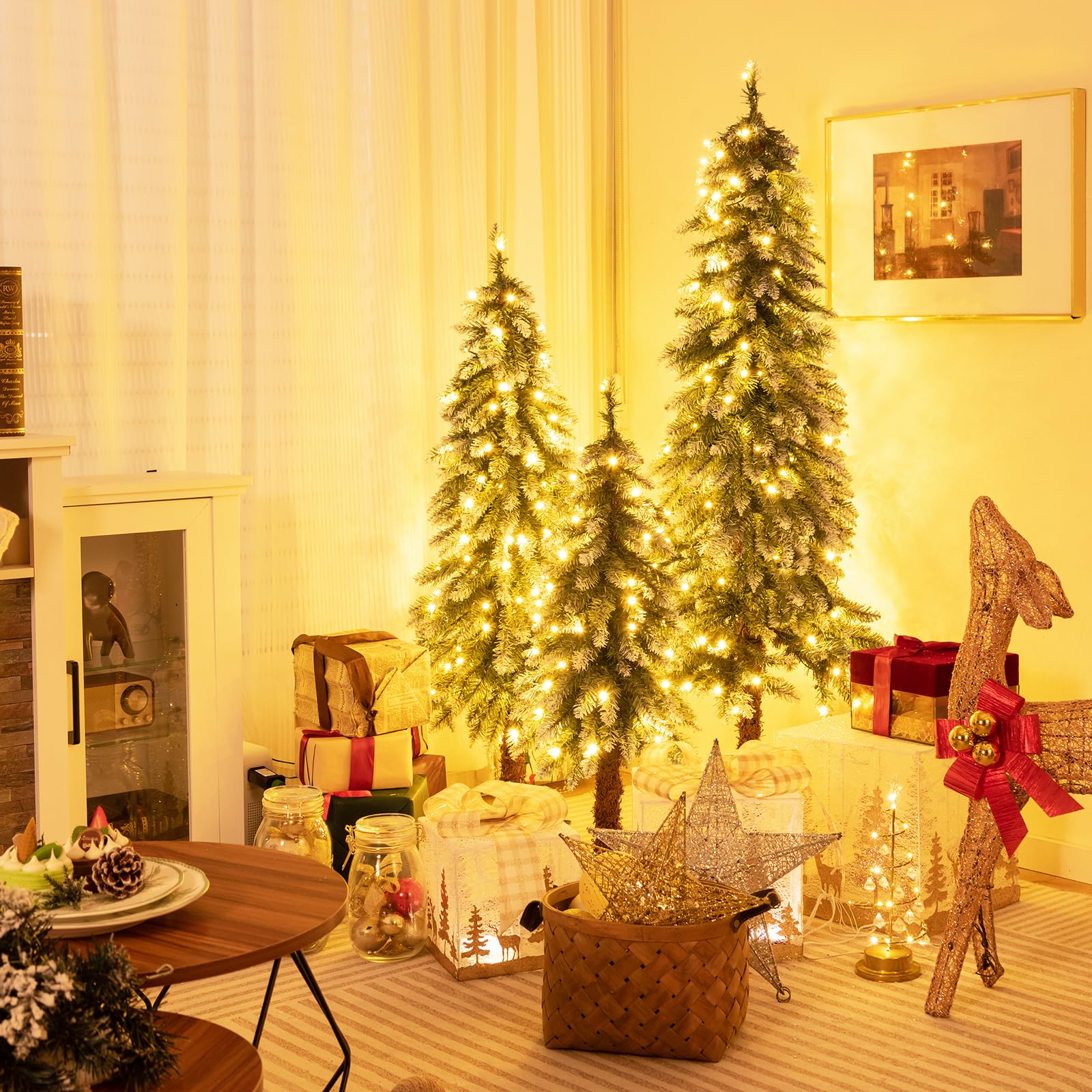Goplus 3' 4' 5' Pre-Lit Artificial Christmas Tree Set, Slim Pencil Xmas Trees with Snowy Leaves - Image 4