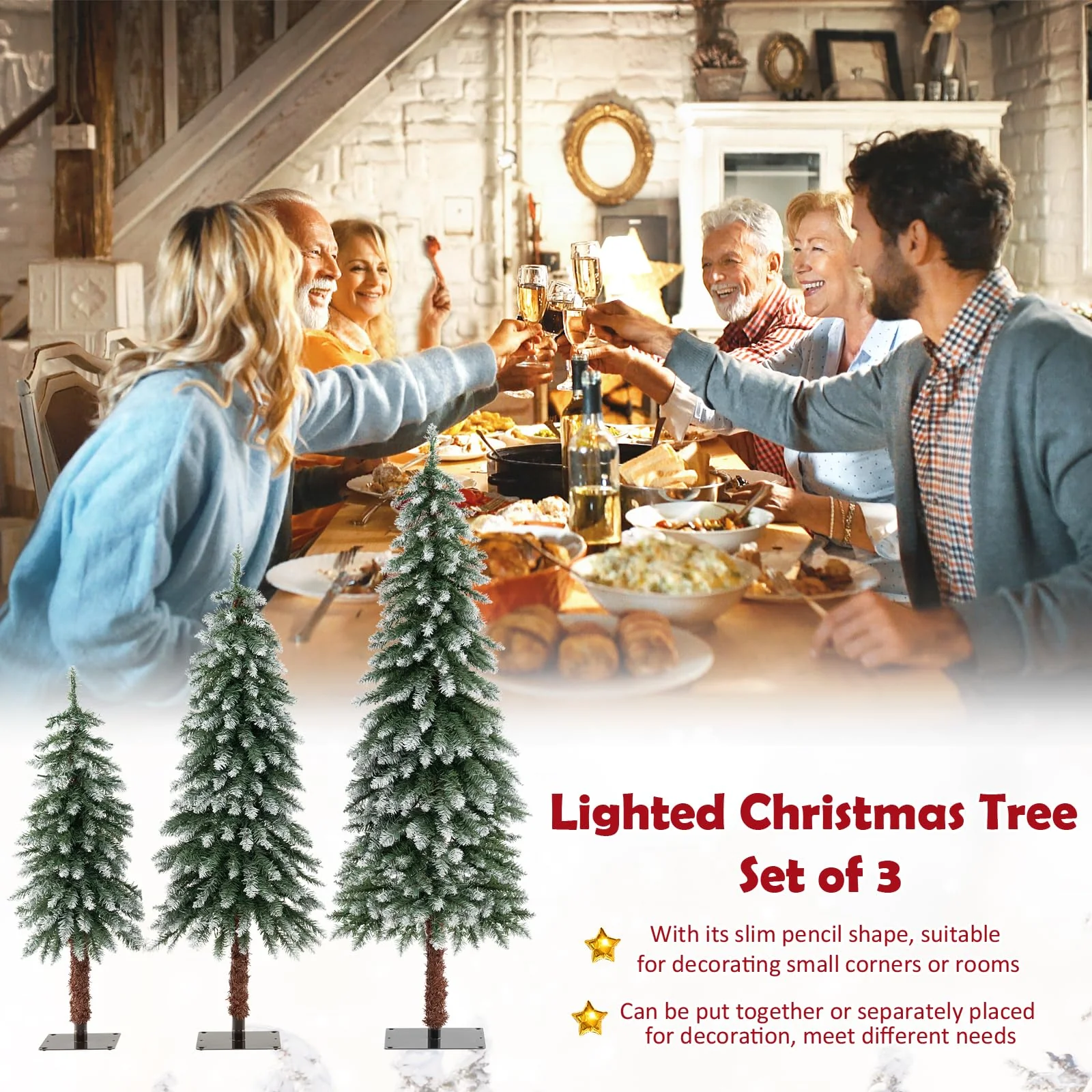 Goplus 3' 4' 5' Pre-Lit Artificial Christmas Tree Set, Slim Pencil Xmas Trees with Snowy Leaves - Image 7