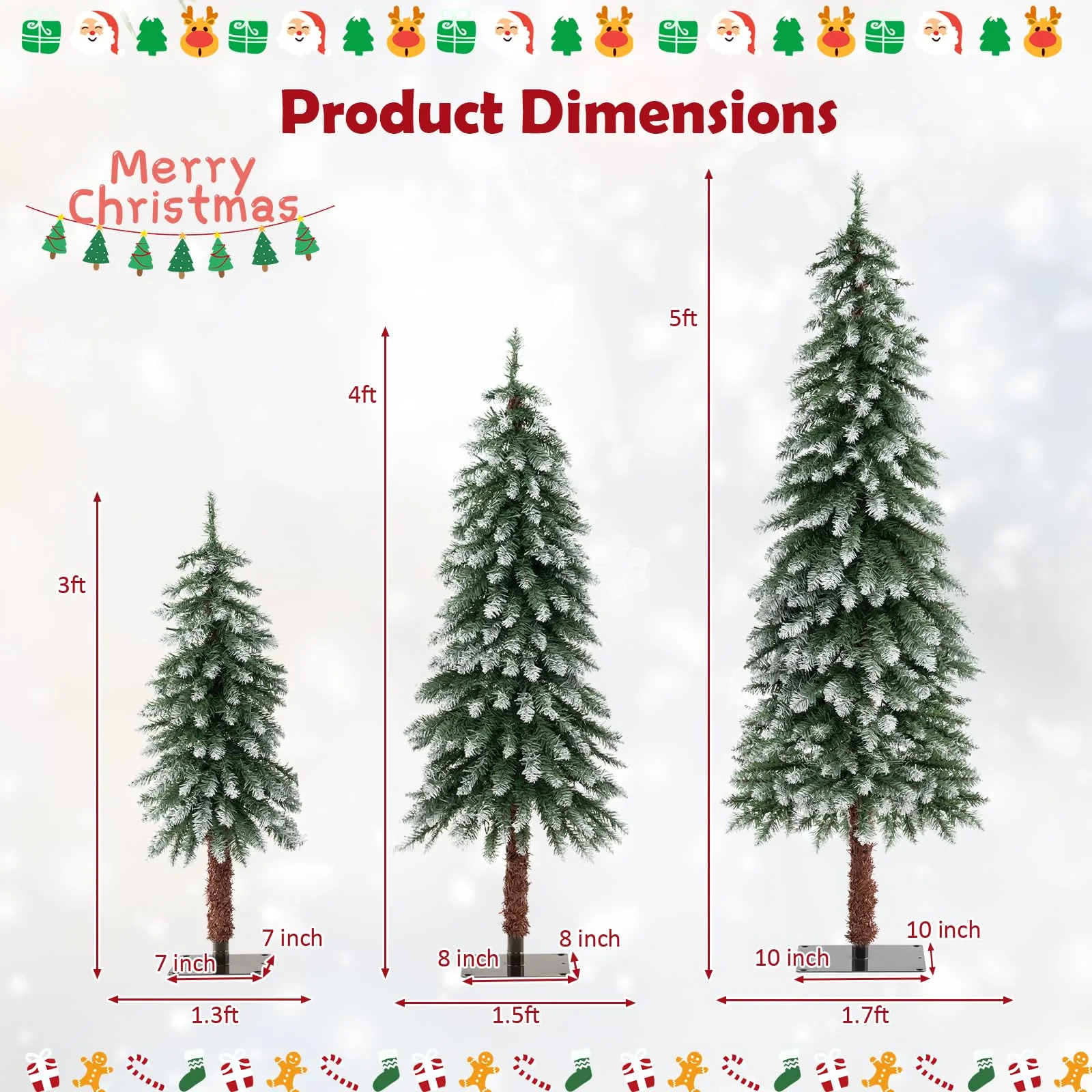 Goplus 3' 4' 5' Pre-Lit Artificial Christmas Tree Set, Slim Pencil Xmas Trees with Snowy Leaves - Image 8