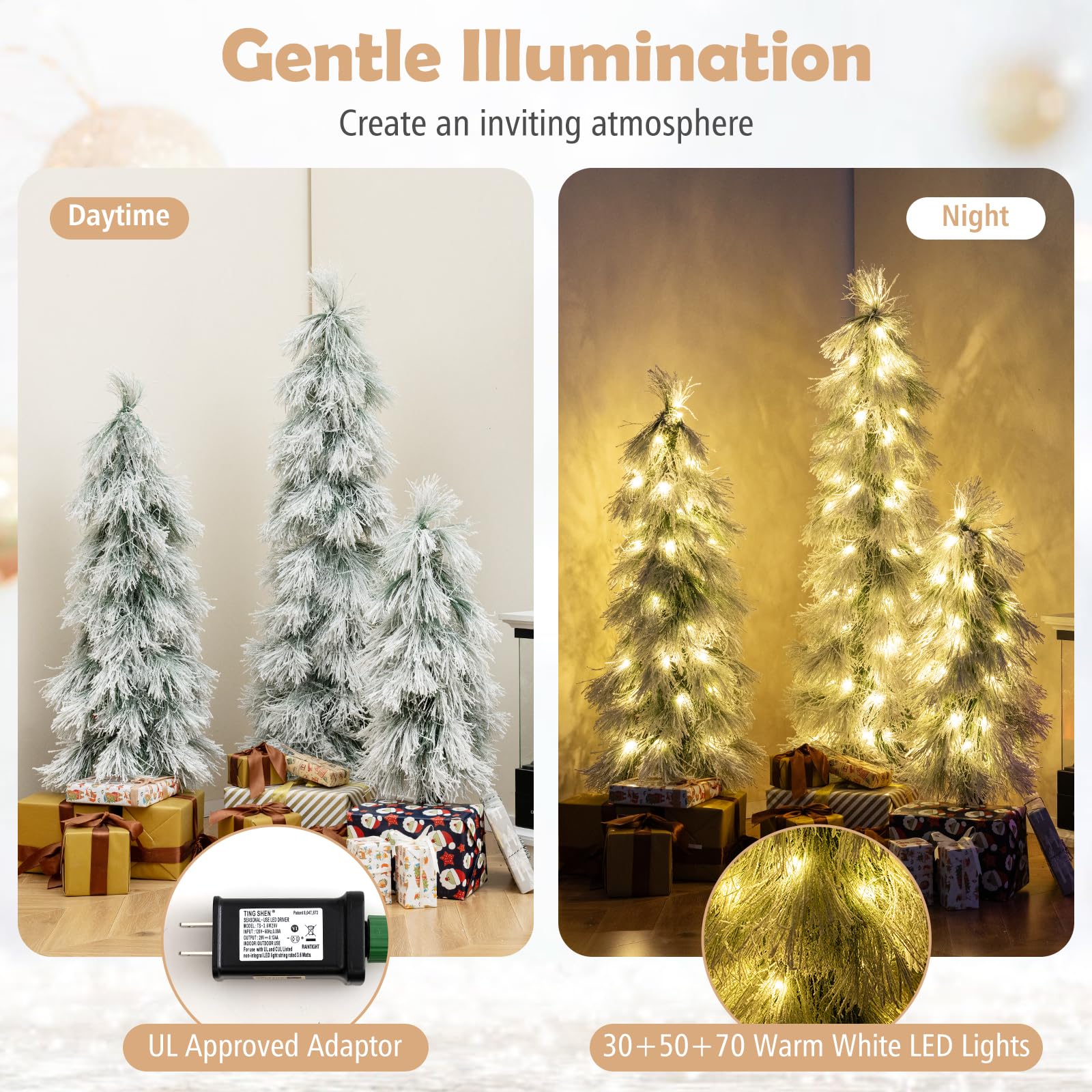 Goplus 3' 4' 5' Pre-Lit Snow Flocked Christmas Tree Set of 3 | Holiday Seasonal Decor - Image 3