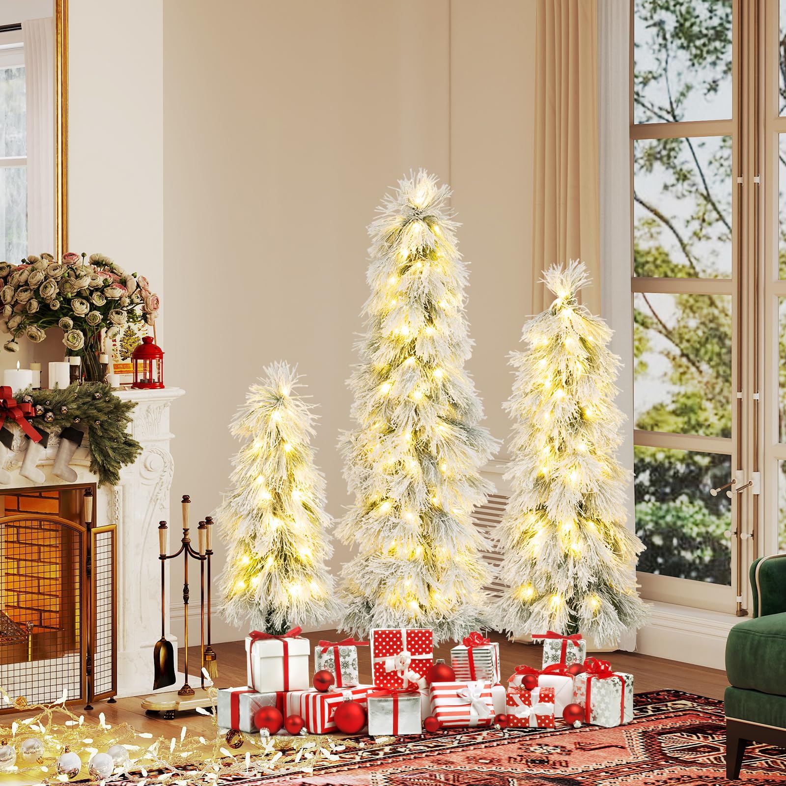 Goplus 3' 4' 5' Pre-Lit Snow Flocked Christmas Tree Set of 3 | Holiday Seasonal Decor - Image 6