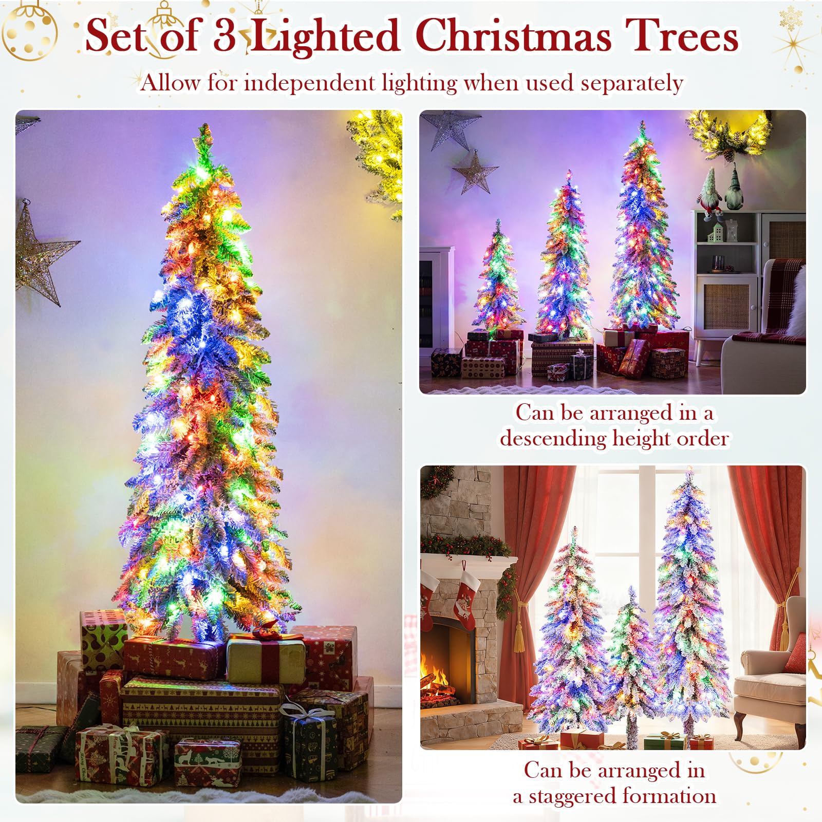 Goplus 3' 4' 5' Pre-Lit Snow Flocked Christmas Tree Set of 3 with 300 Multicolored LED Lights - Image 2