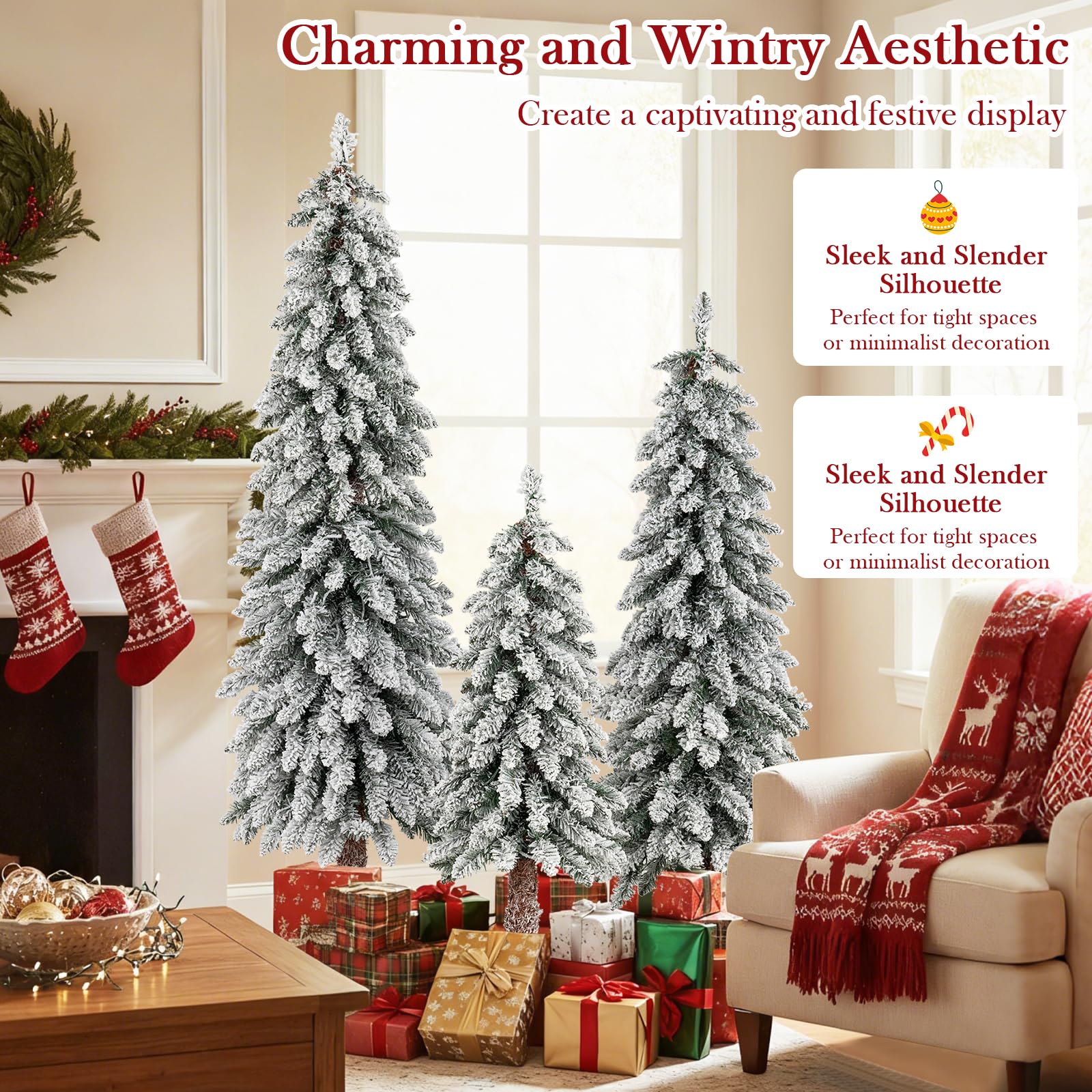 Goplus 3' 4' 5' Pre-Lit Snow Flocked Christmas Tree Set of 3 with 300 Multicolored LED Lights - Image 4