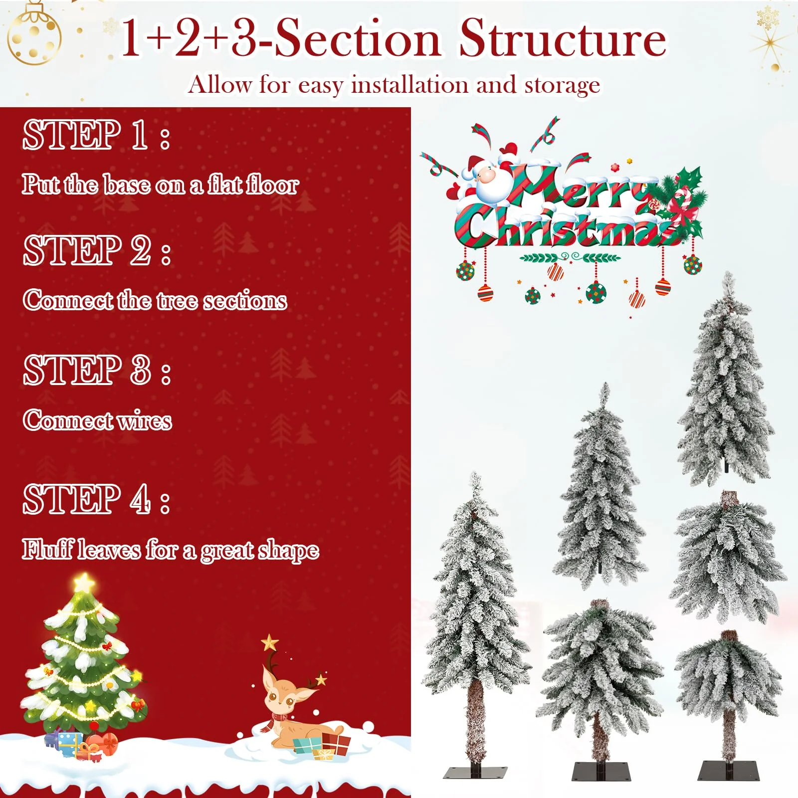 Goplus 3' 4' 5' Pre-Lit Snow Flocked Christmas Tree Set of 3 with 300 Multicolored LED Lights - Image 5