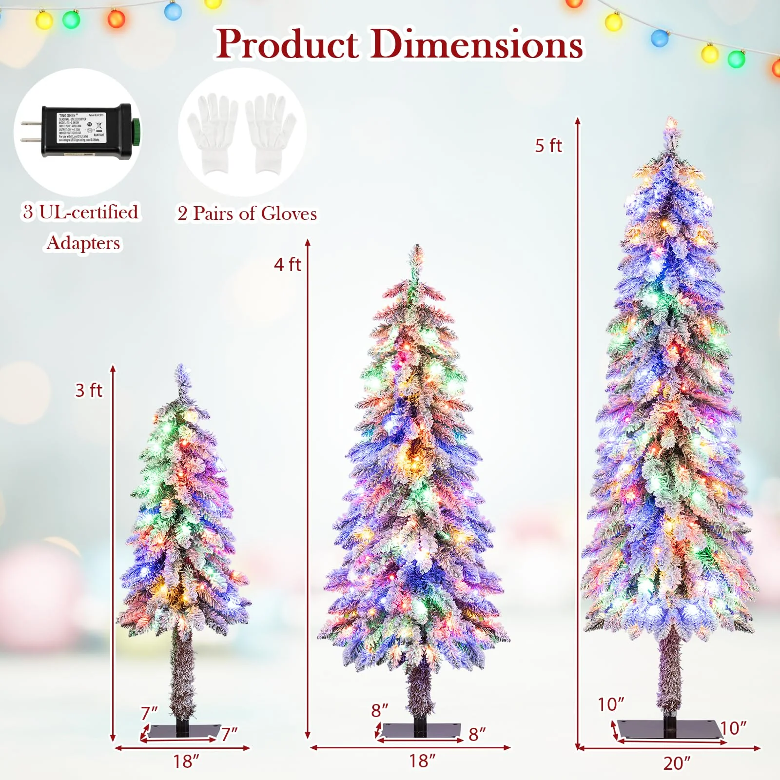 Goplus 3' 4' 5' Pre-Lit Snow Flocked Christmas Tree Set of 3 with 300 Multicolored LED Lights - Image 7