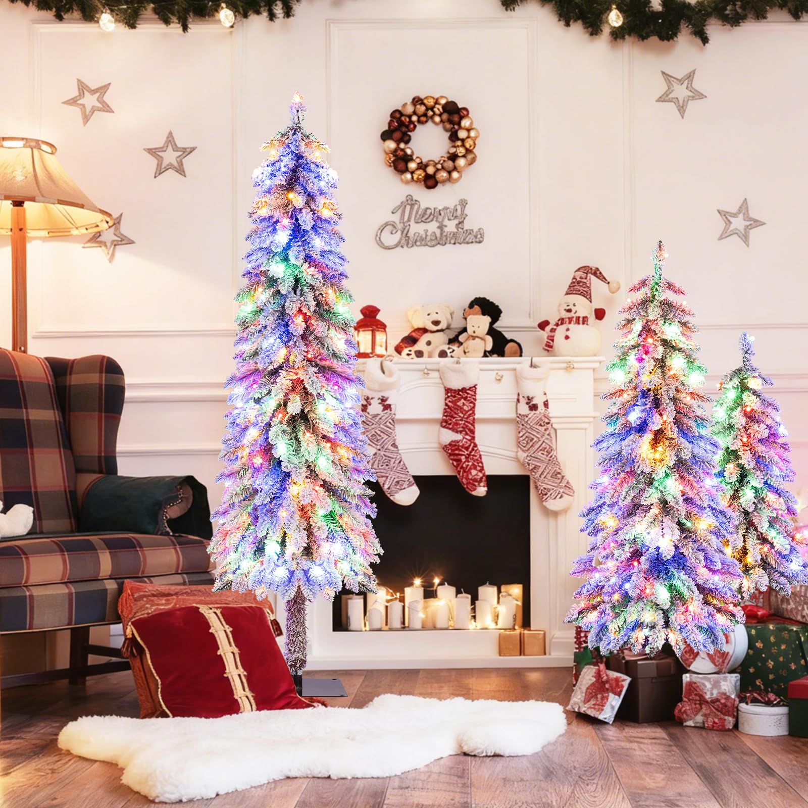 Goplus 3' 4' 5' Pre-Lit Snow Flocked Christmas Tree Set of 3 with 300 Multicolored LED Lights - Image 8