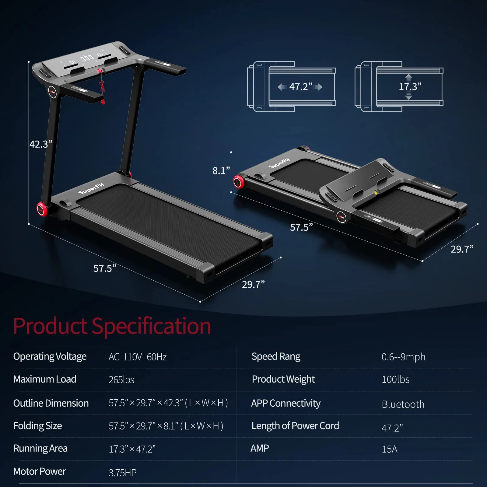 Goplus 3.75HP Folding Treadmill, Freestanding Superfit Treadmill with APP, 12 Preset Programs - Image 8