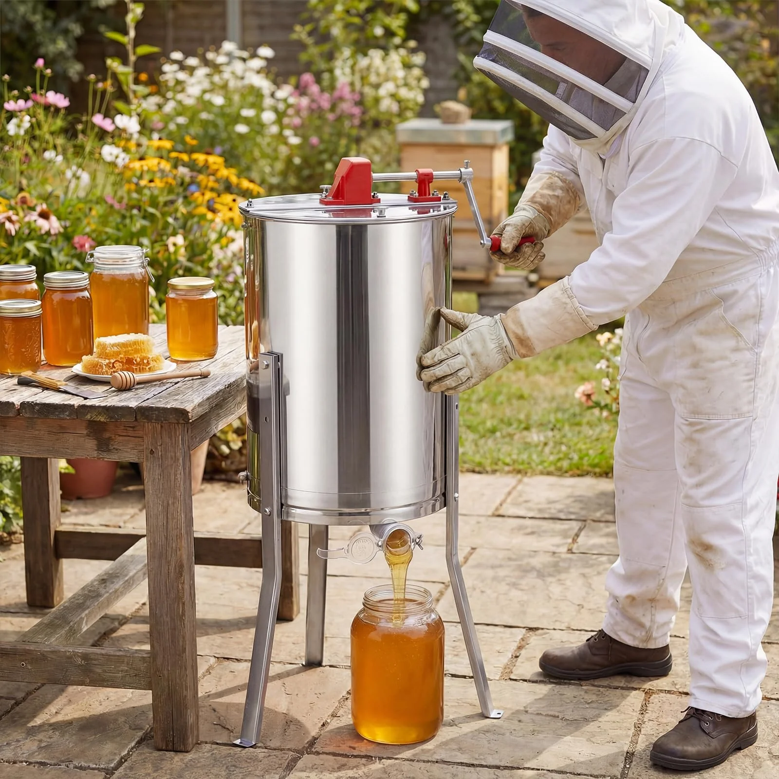 Goplus 3 Frame Honey Extractor with Bottom Gravity Flow Gate & Clear Lid - Image 2