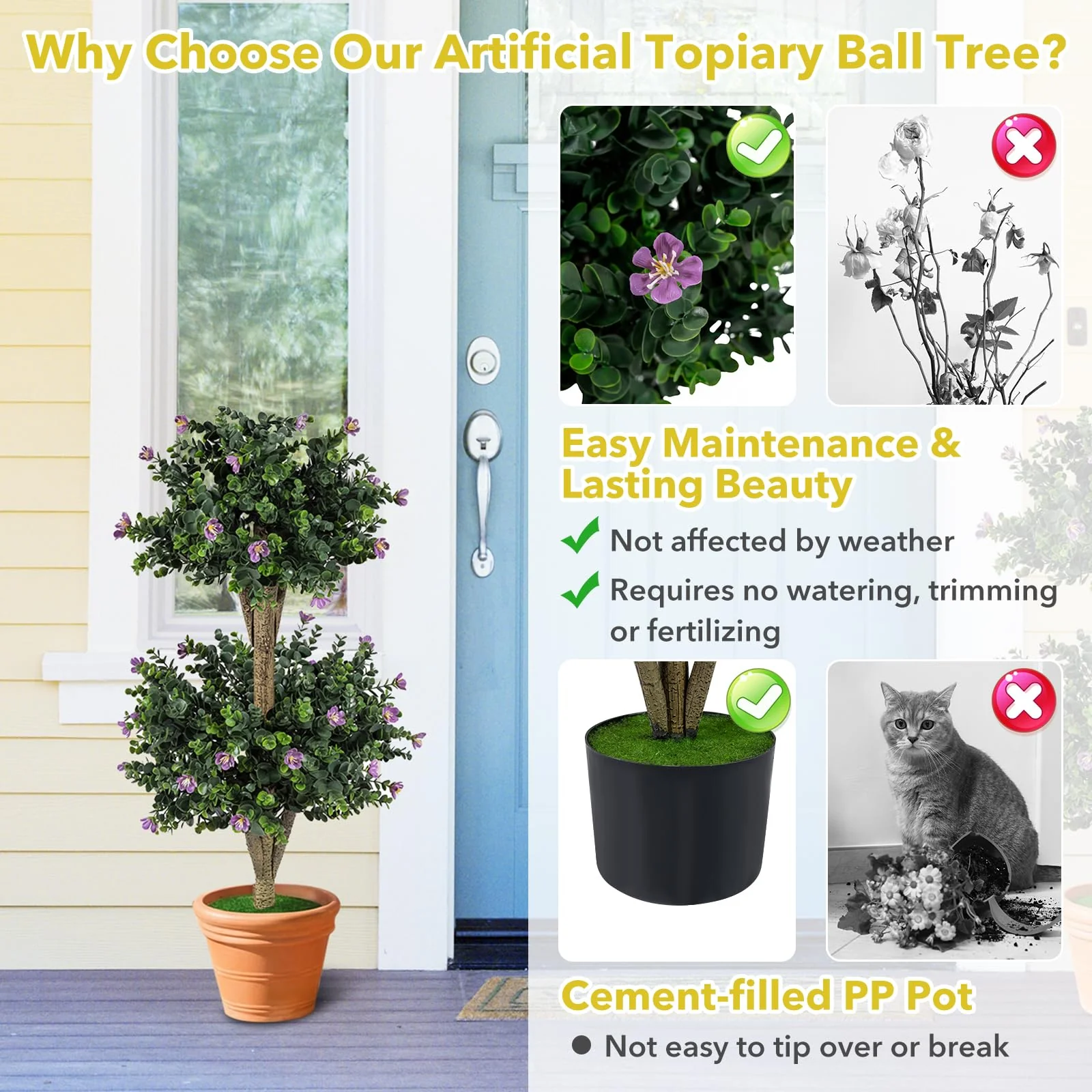 Goplus 3 FT Artificial Double Ball Boxwood Topiary Trees Set of 2 for Porch Home Decoration - Image 5