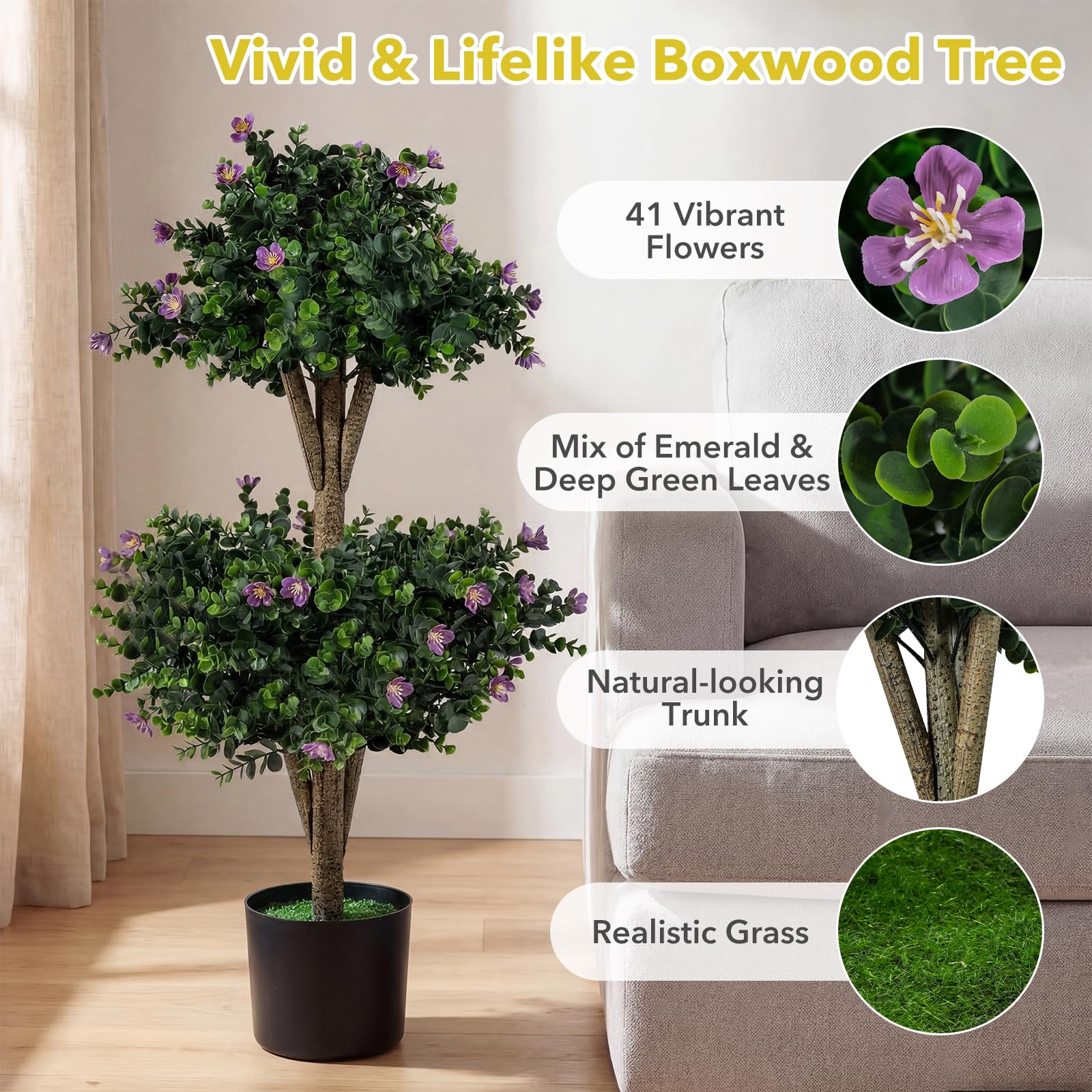 Goplus 3 FT Artificial Double Ball Boxwood Topiary Trees Set of 2 for Porch Home Decoration - Image 7