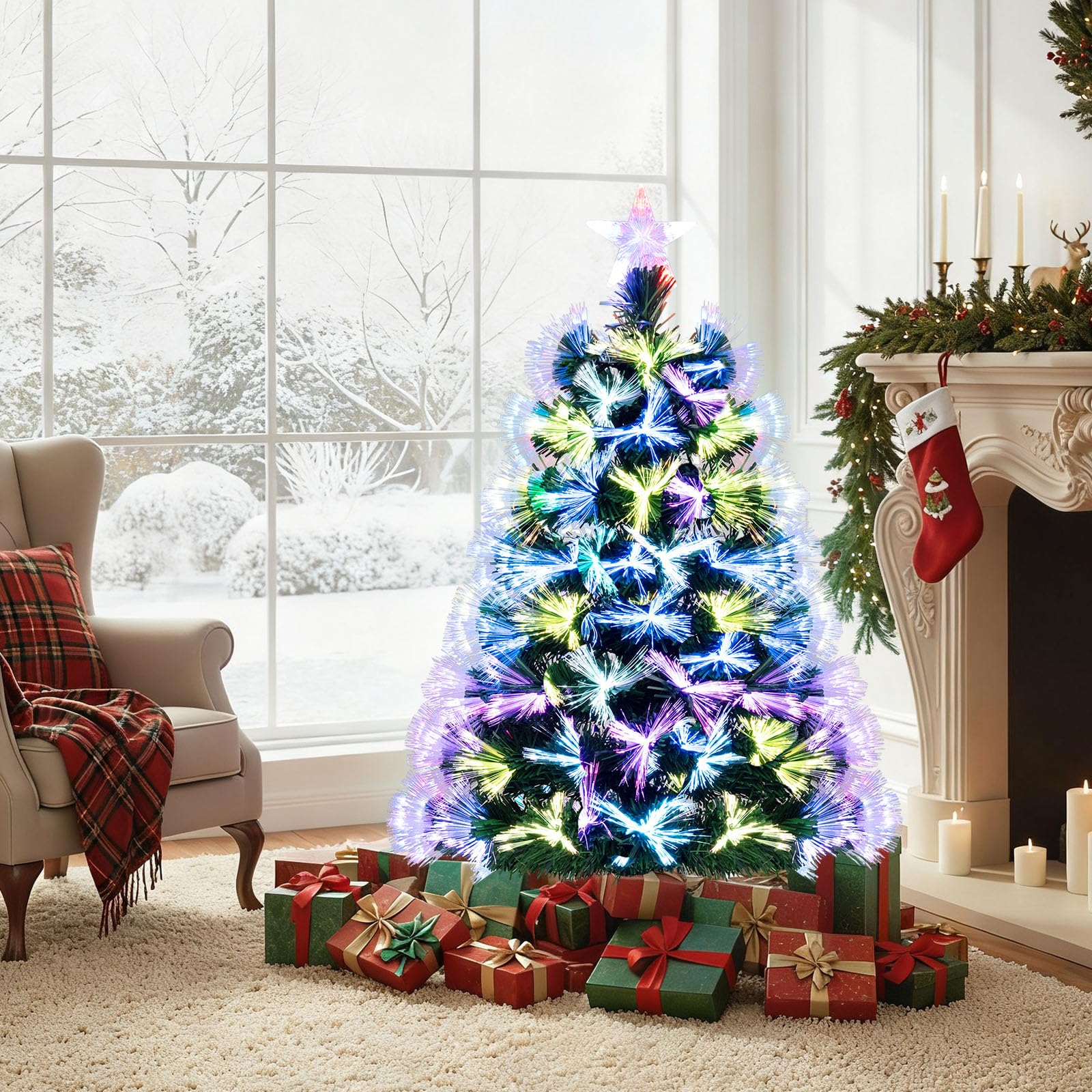 Goplus 3 FT Pre-Lit Fiber Optic Christmas Tree with Slow-Flashing Multicolored Optical Fibers - Image 8