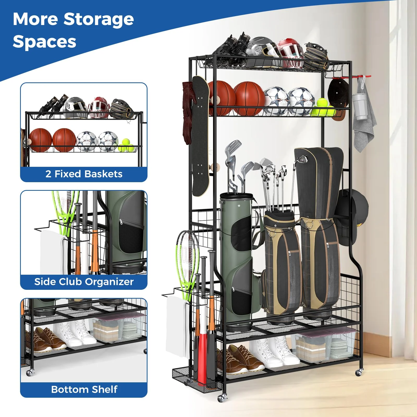 Goplus 3 Golf Bags Storage Garage Organizer Mobile Sports Equipment Organizer with Wheels - Image 2