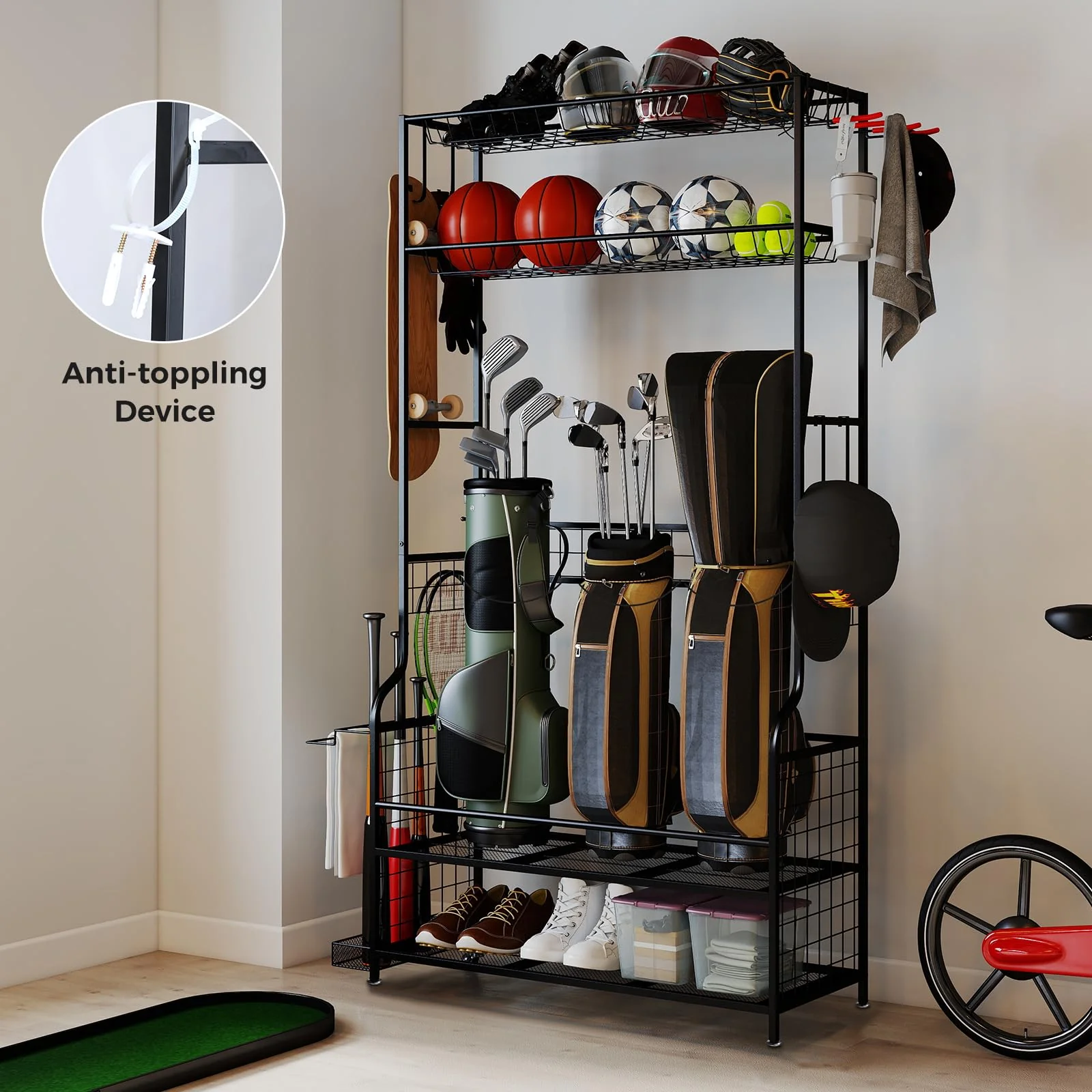 Goplus 3 Golf Bags Storage Garage Organizer Mobile Sports Equipment Organizer with Wheels - Image 8