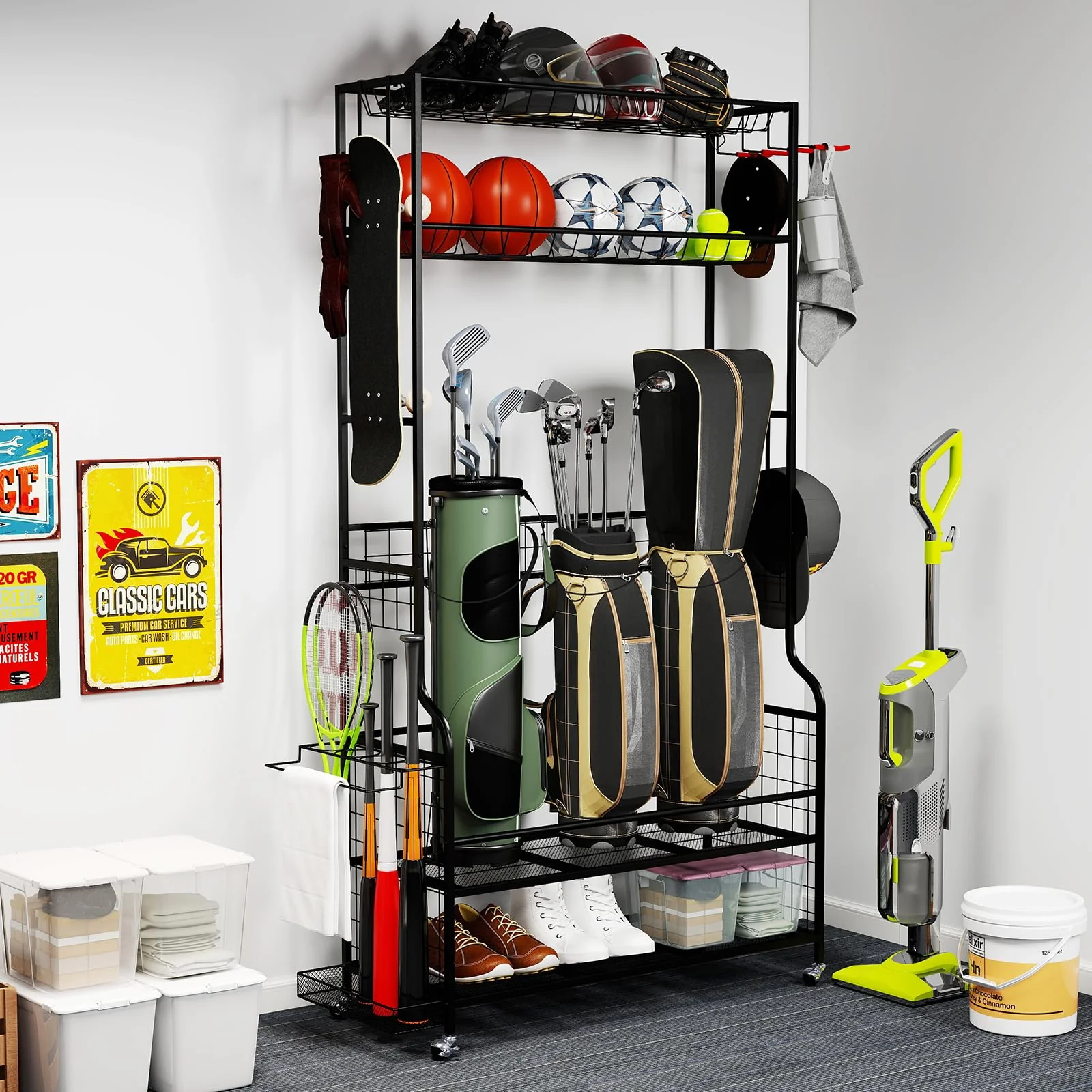Goplus 3 Golf Bags Storage Garage Organizer Mobile Sports Equipment Organizer with Wheels - Image 9