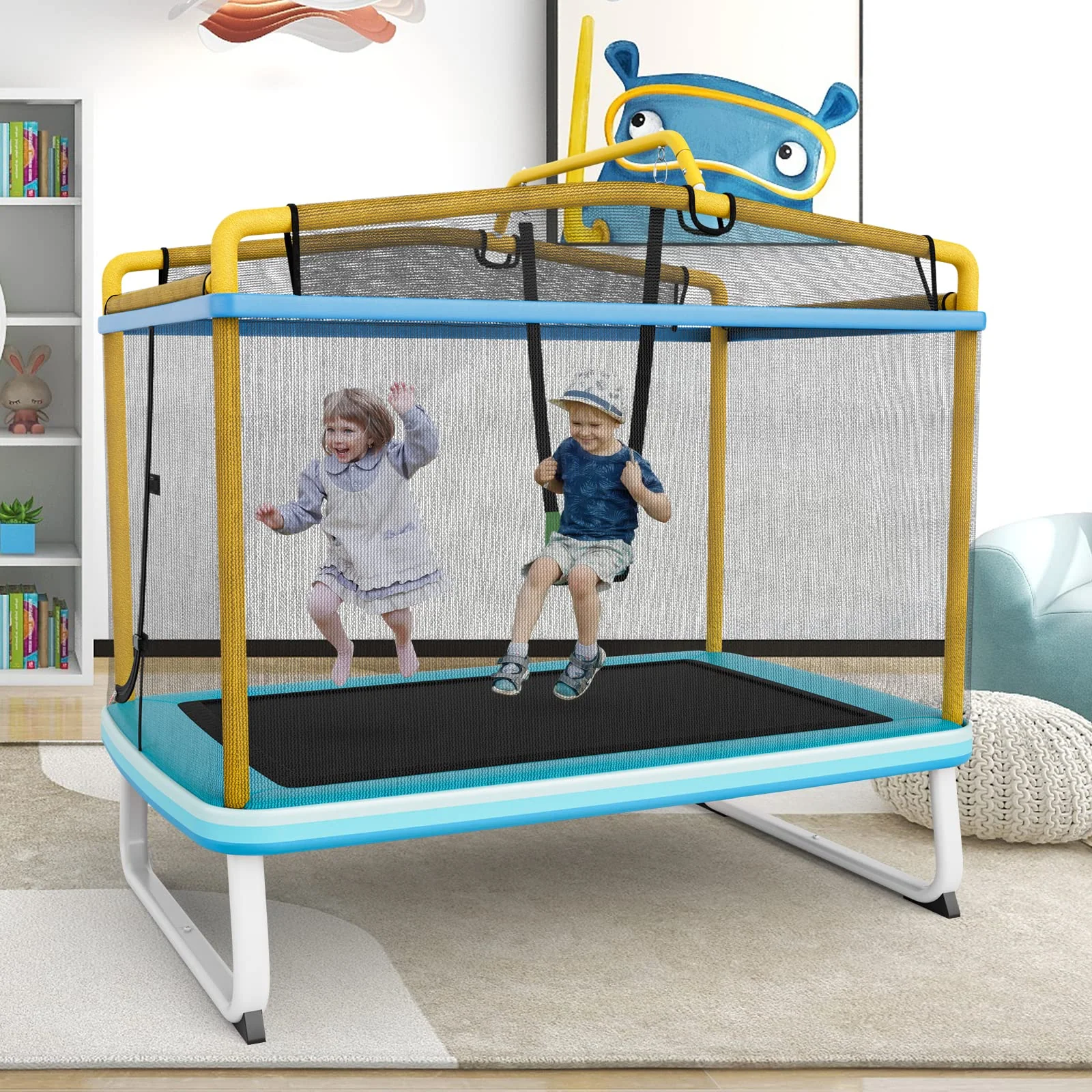 Goplus 3-in-1 6FT Kids Trampoline with Swing and Horizontal Bar, Mini Toddler Trampoline w/ Enclosure Safety Net - Image 11