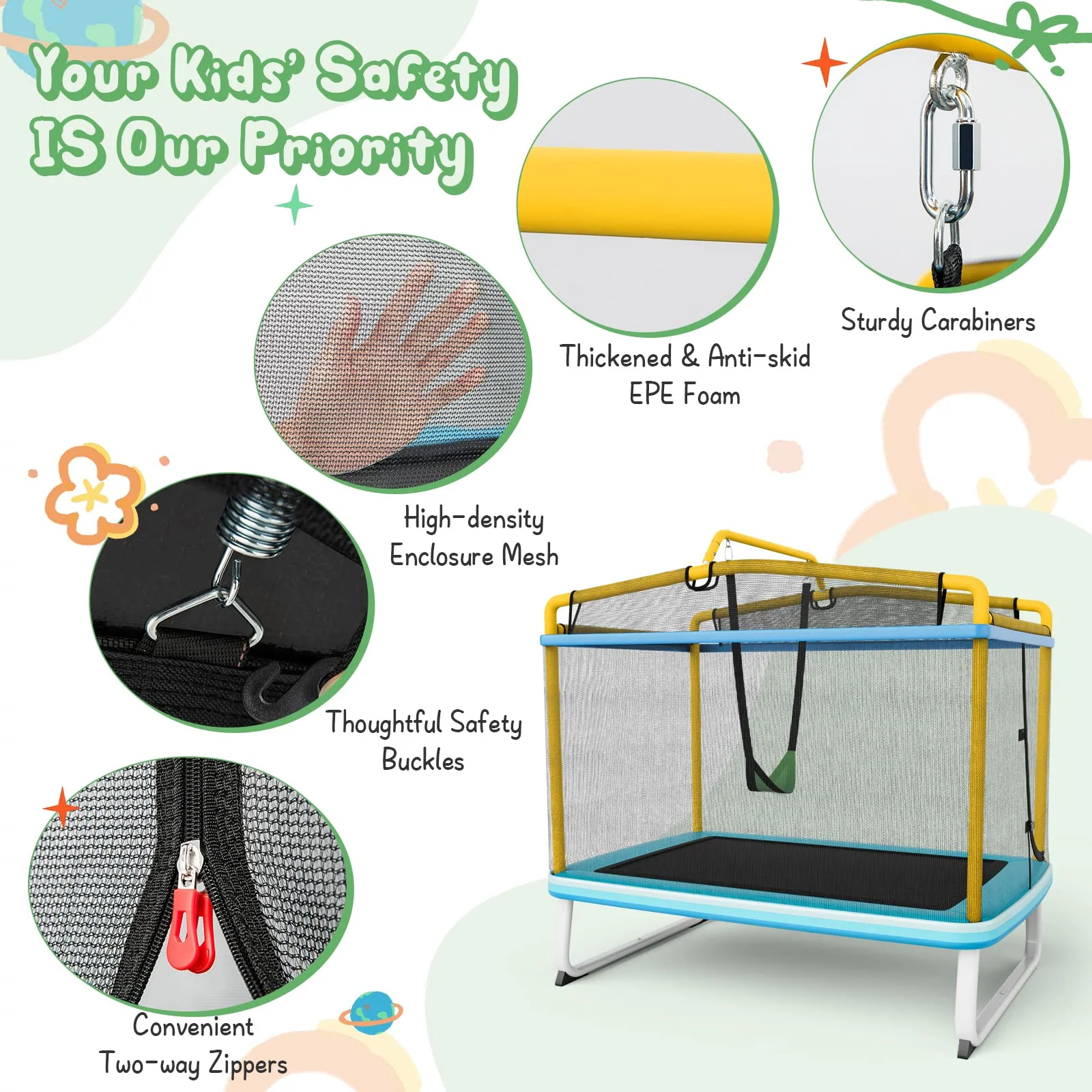 Goplus 3-in-1 6FT Kids Trampoline with Swing and Horizontal Bar, Mini Toddler Trampoline w/ Enclosure Safety Net - Image 13