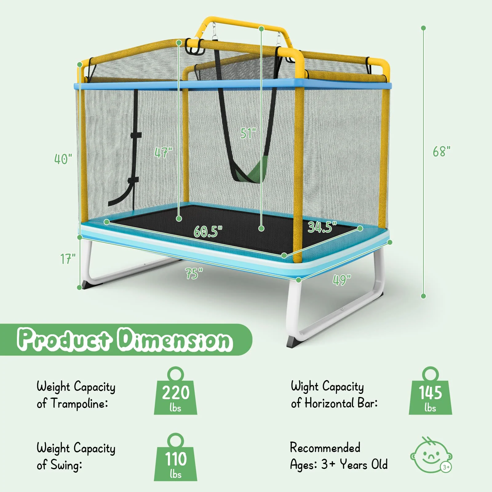 Goplus 3-in-1 6FT Kids Trampoline with Swing and Horizontal Bar, Mini Toddler Trampoline w/ Enclosure Safety Net - Image 15