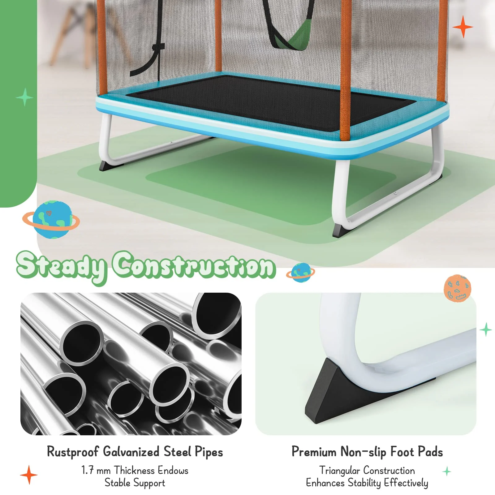 Goplus 3-in-1 6FT Kids Trampoline with Swing and Horizontal Bar, Mini Toddler Trampoline w/ Enclosure Safety Net - Image 3
